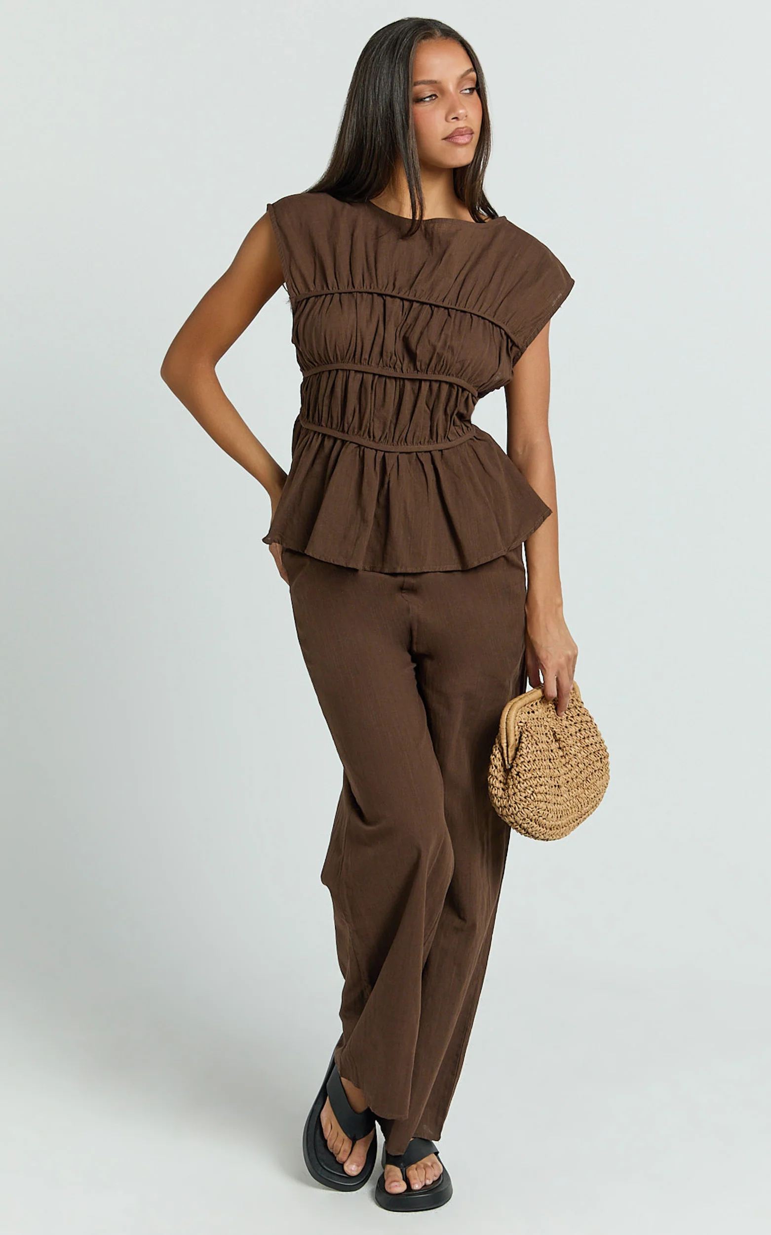 Auric Two Piece Set - Ruched Detail Top and Wide Leg Pants Set in Brown