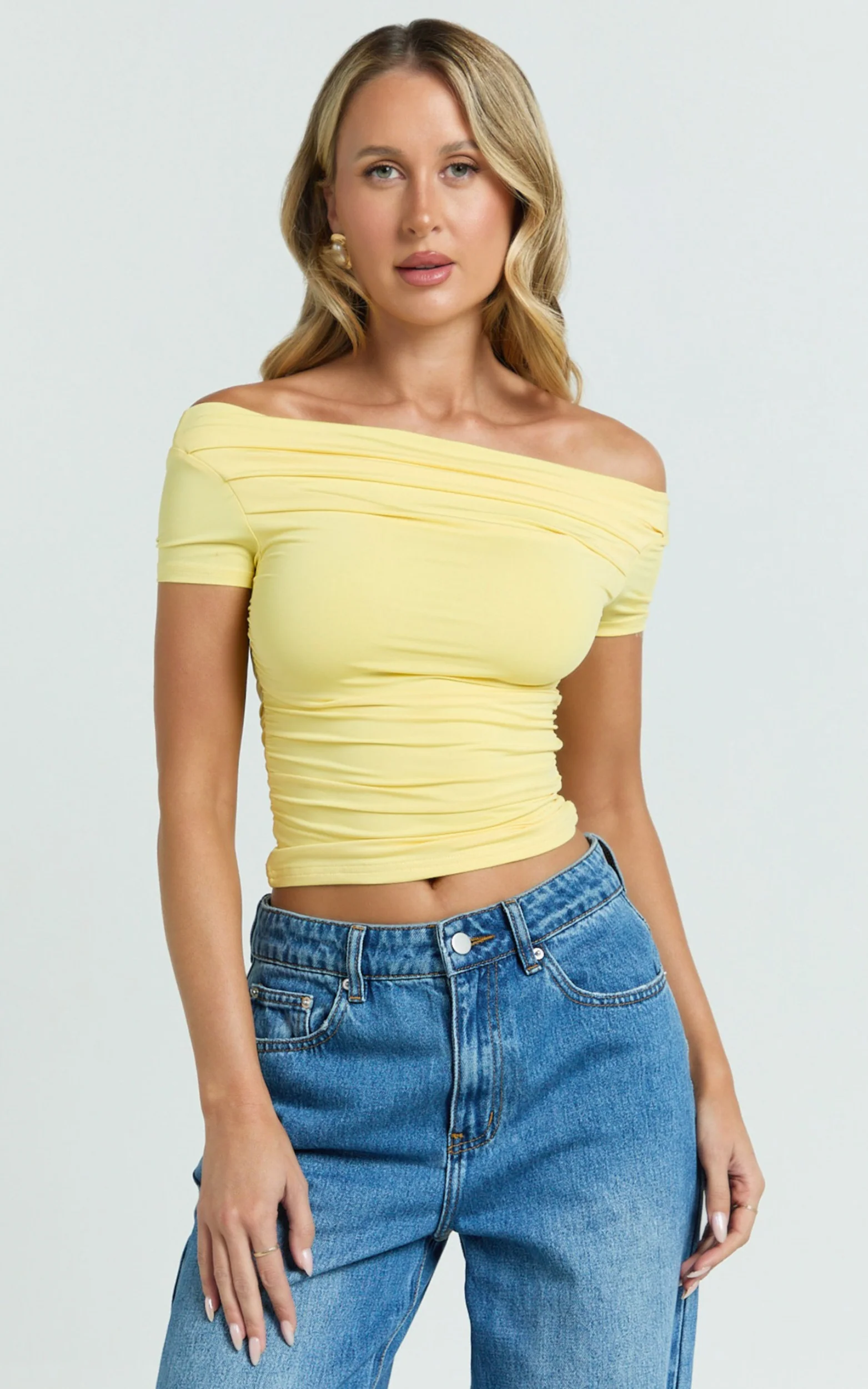 Gena Top - Off Shoulder Gathered Short Sleeve Top in Pastel Yellow
