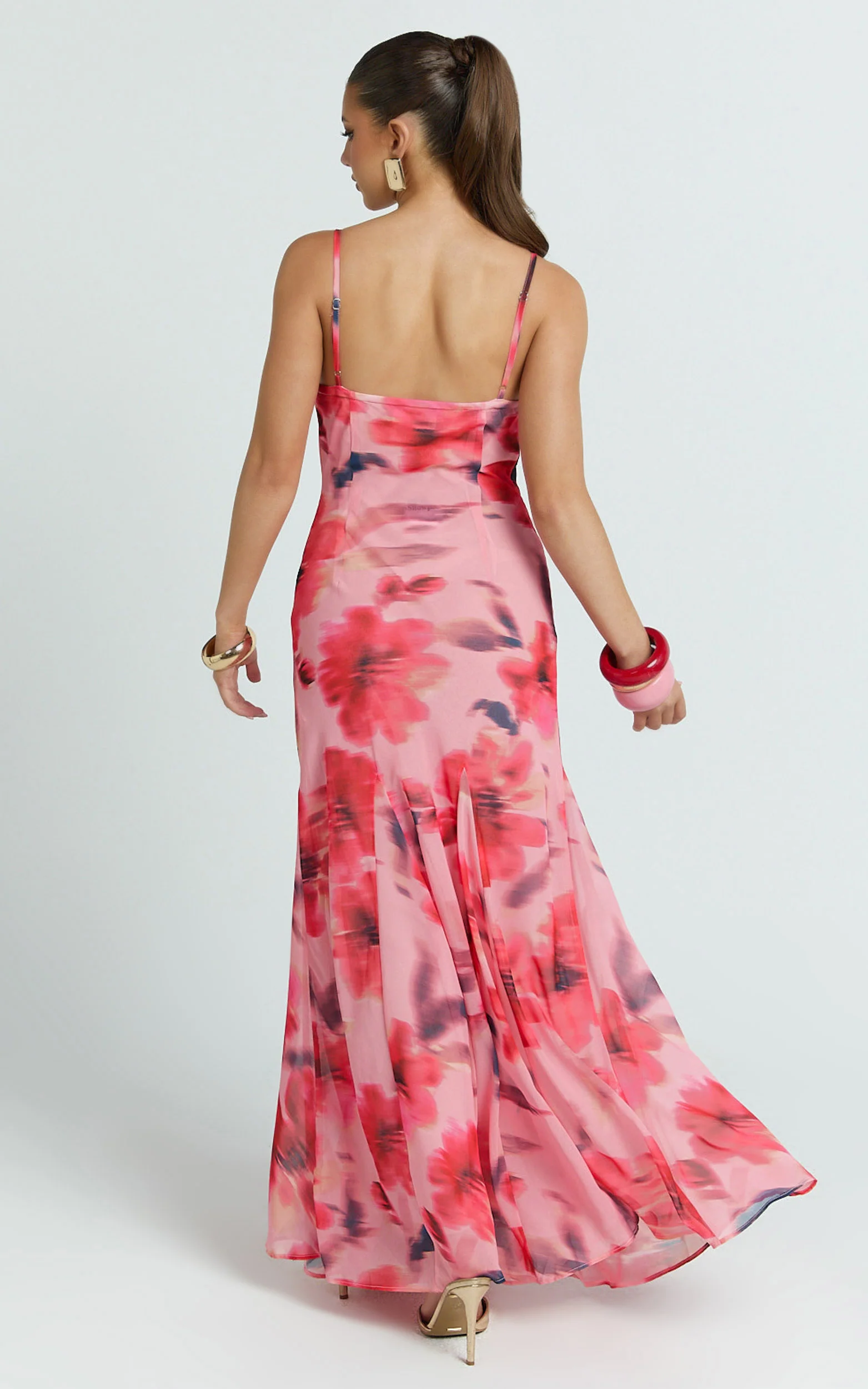 Claudia Maxi Dress - Floral Cowl Neck Godet Dress in Pink Floral