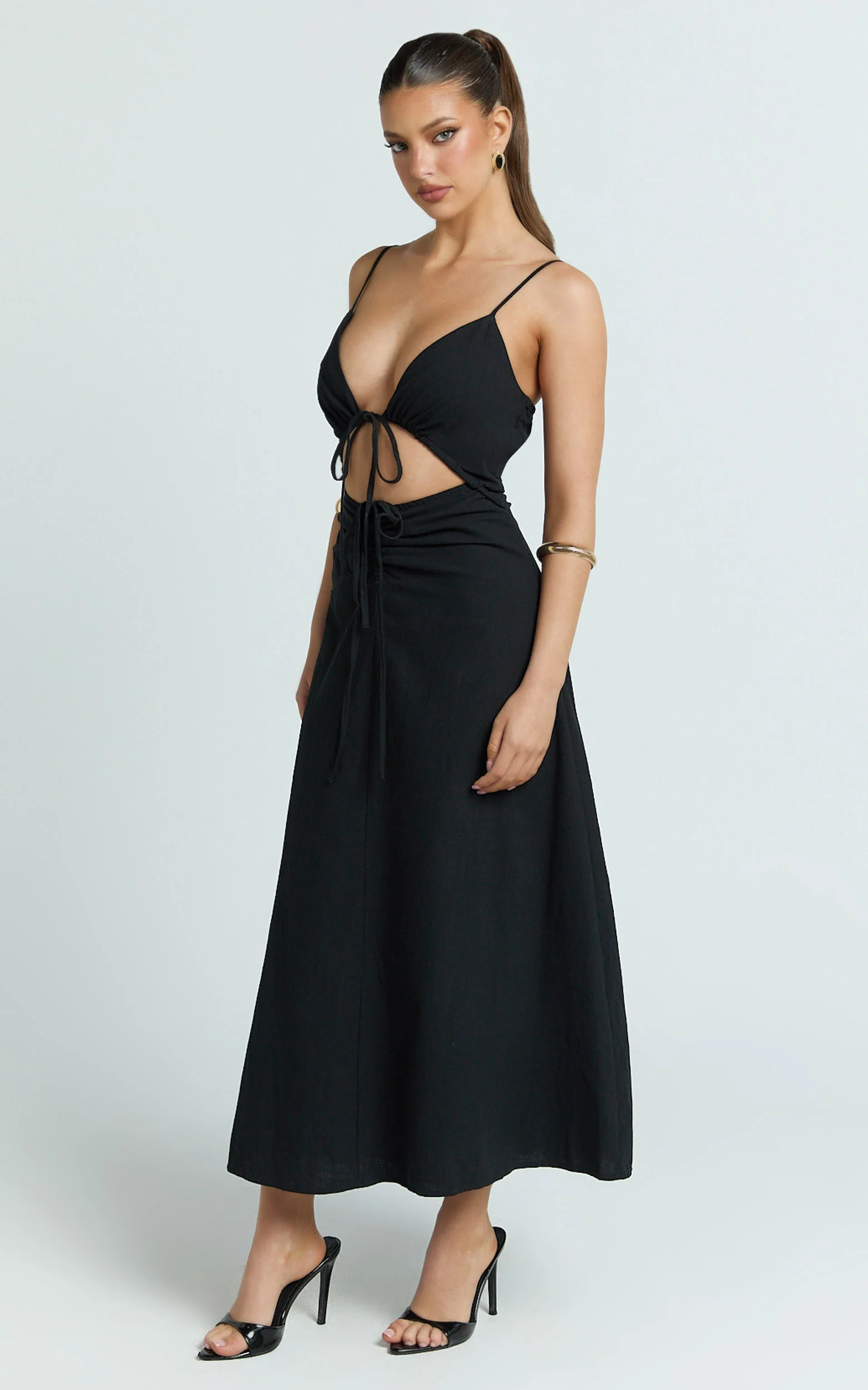 Daphne Maxi Dress - Gathered Cut Out A Line Dress in Black