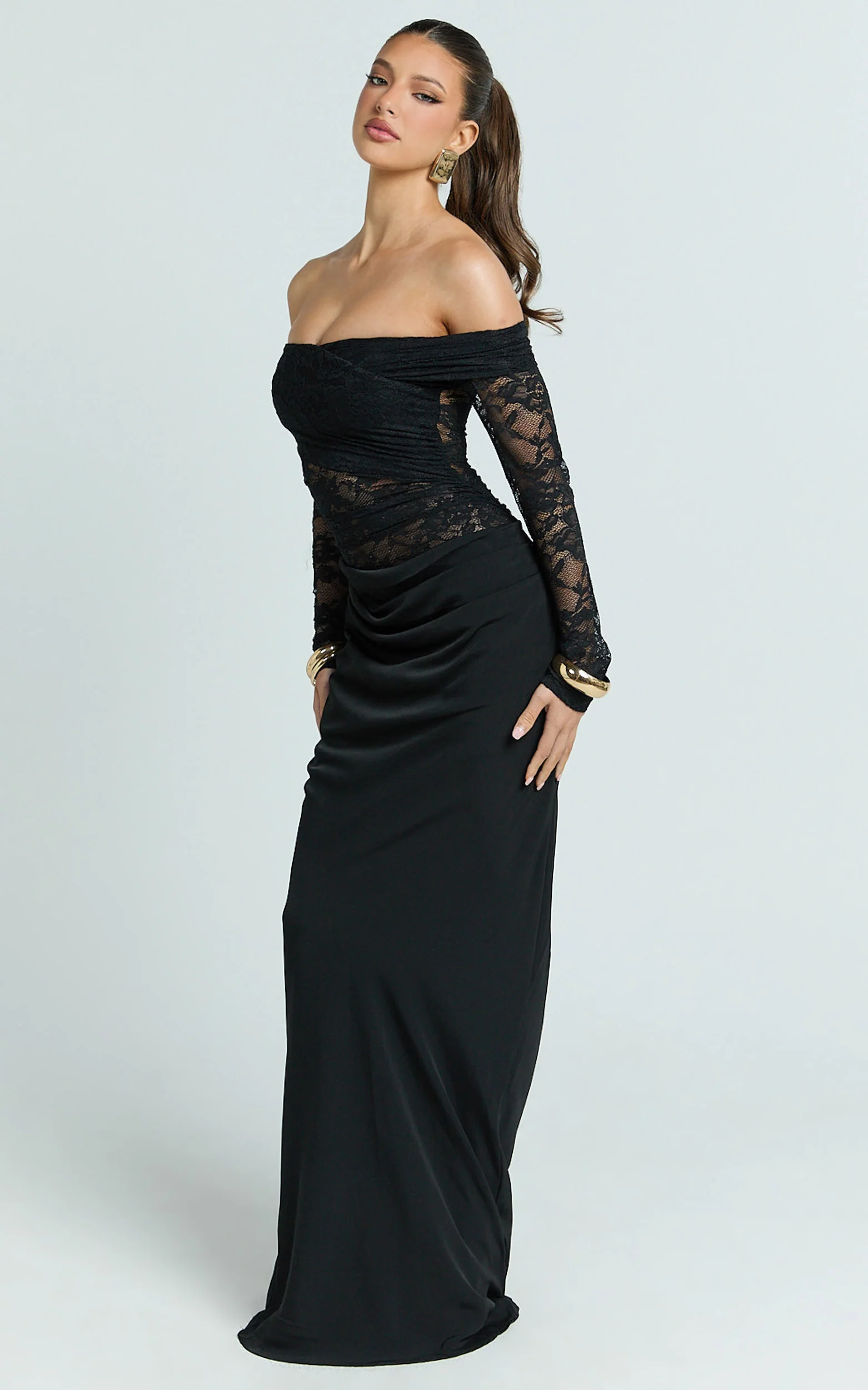 Suzanna Maxi Dress - Off Shoulder Lace Dress in Black