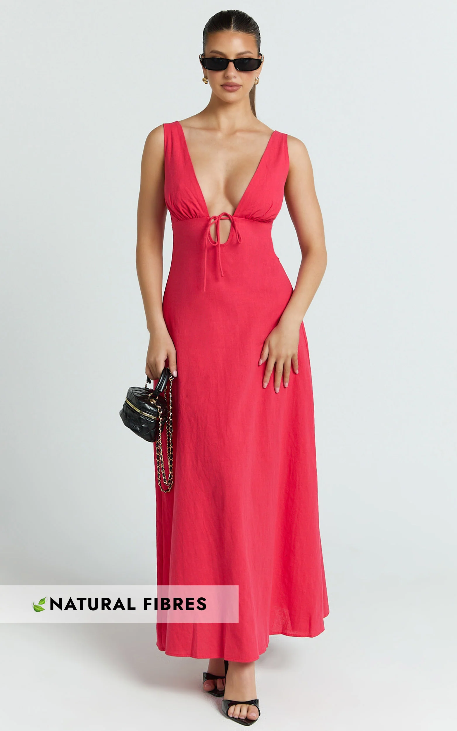 Silvena Midi Dress - Plunge Neckline Tie Front A Line Dress in Red