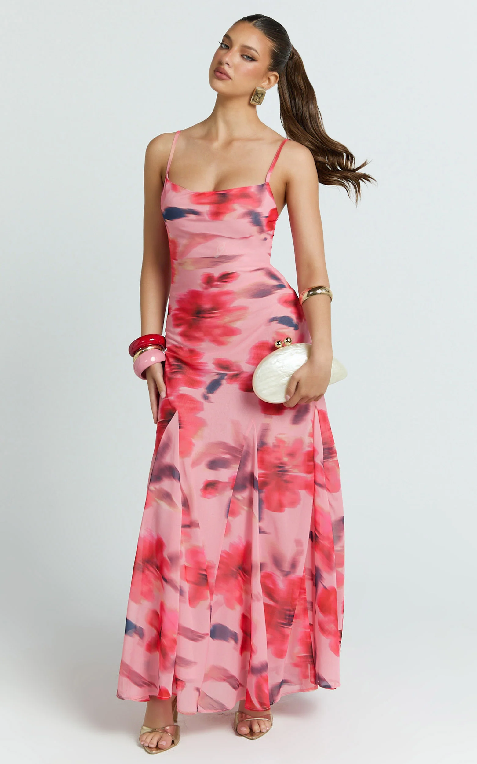 Claudia Maxi Dress - Floral Cowl Neck Godet Dress in Pink Floral
