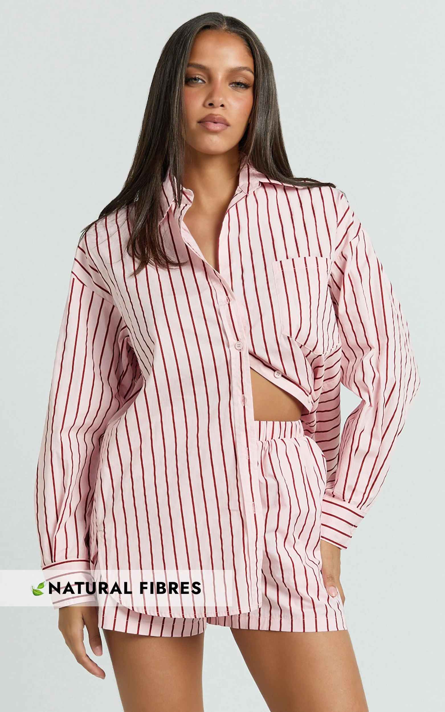 Tristan Top - Oversized Button Down Long Sleeve Striped Shirt in Pink
