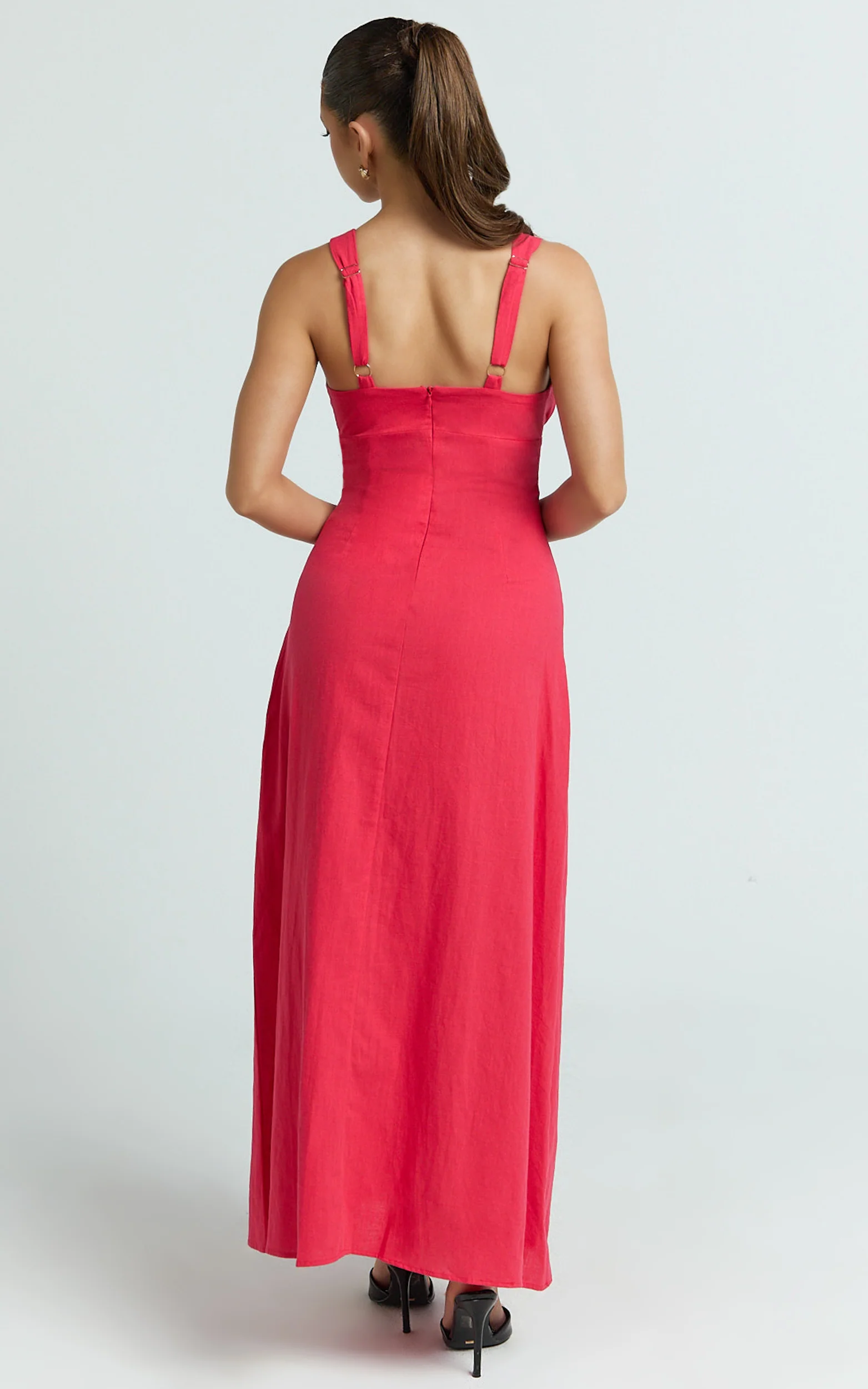 Silvena Midi Dress - Plunge Neckline Tie Front A Line Dress in Red
