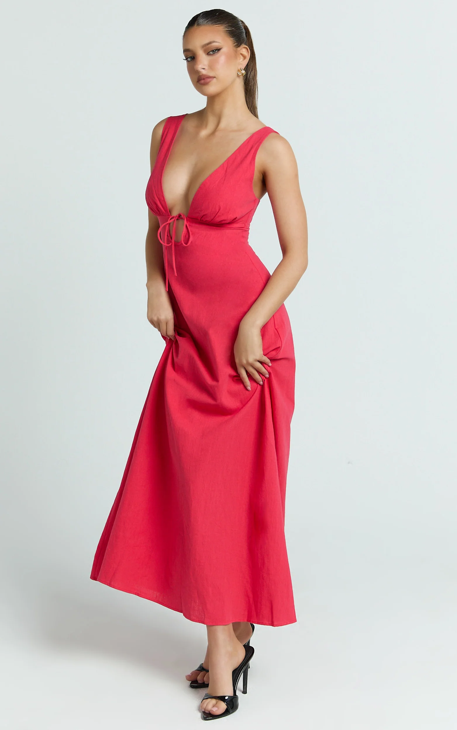 Silvena Midi Dress - Plunge Neckline Tie Front A Line Dress in Red