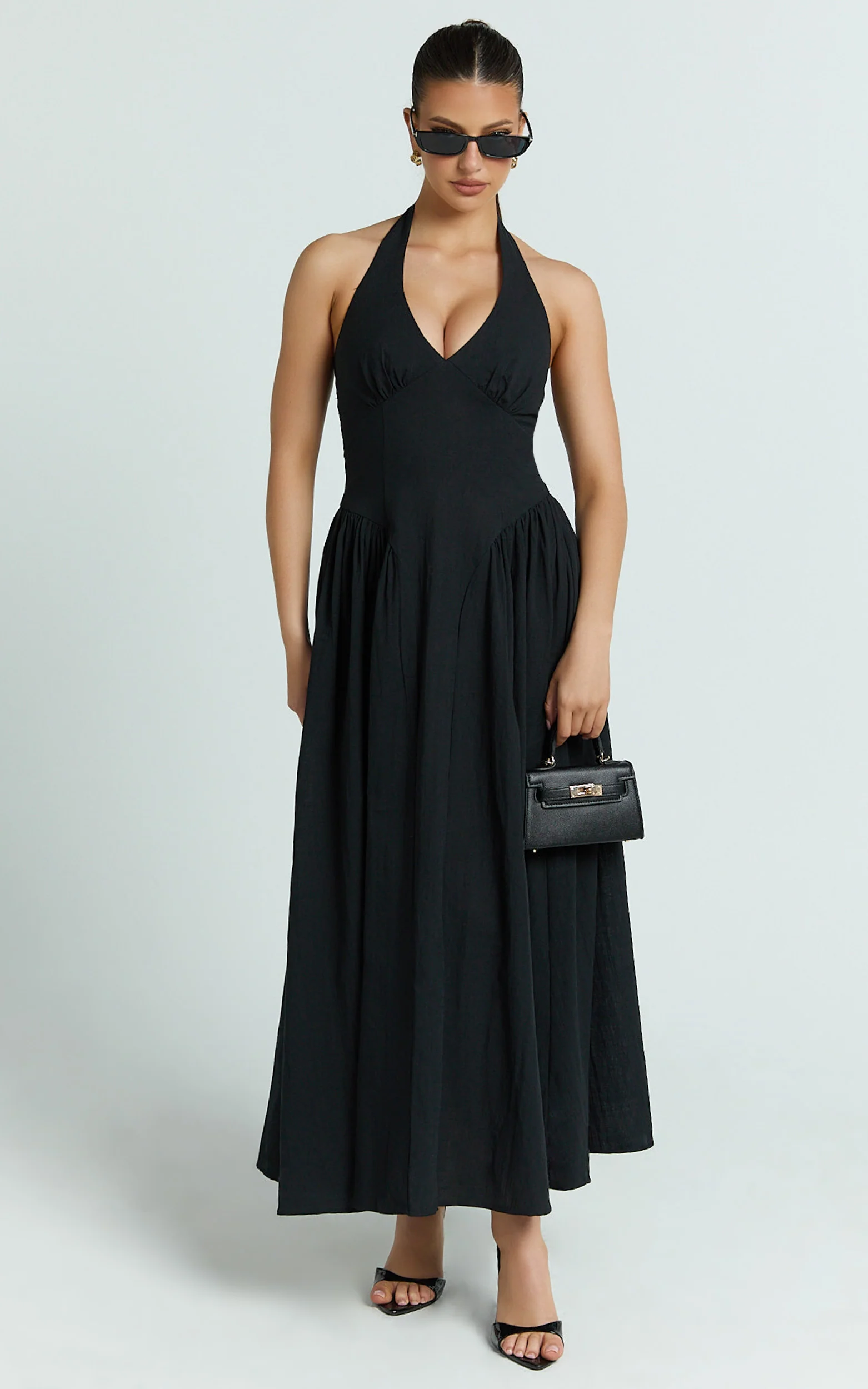 Athena Midi Dress - Halter Drop Waist Dress in Black