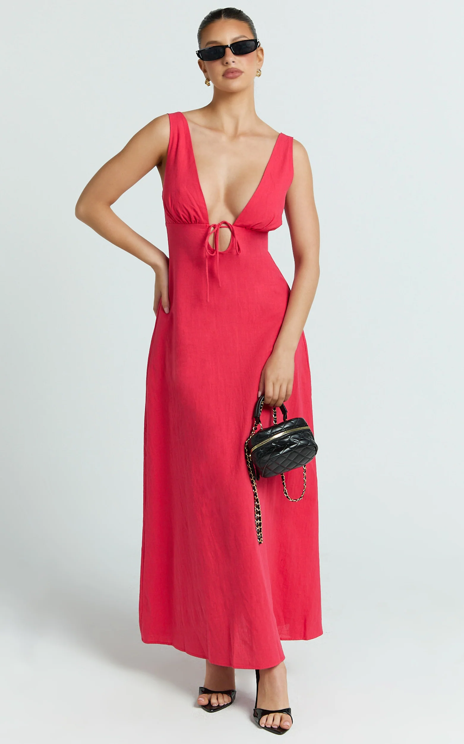 Silvena Midi Dress - Plunge Neckline Tie Front A Line Dress in Red