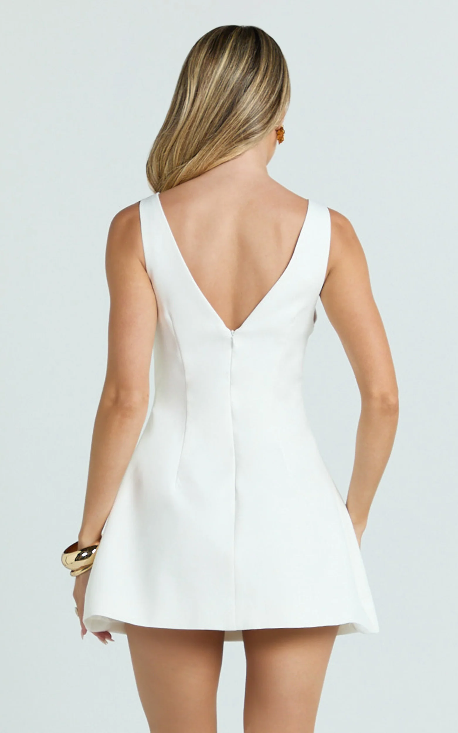 Izzy Mini Dress - Gold Trims Feature Tulip Skirt Dress in White