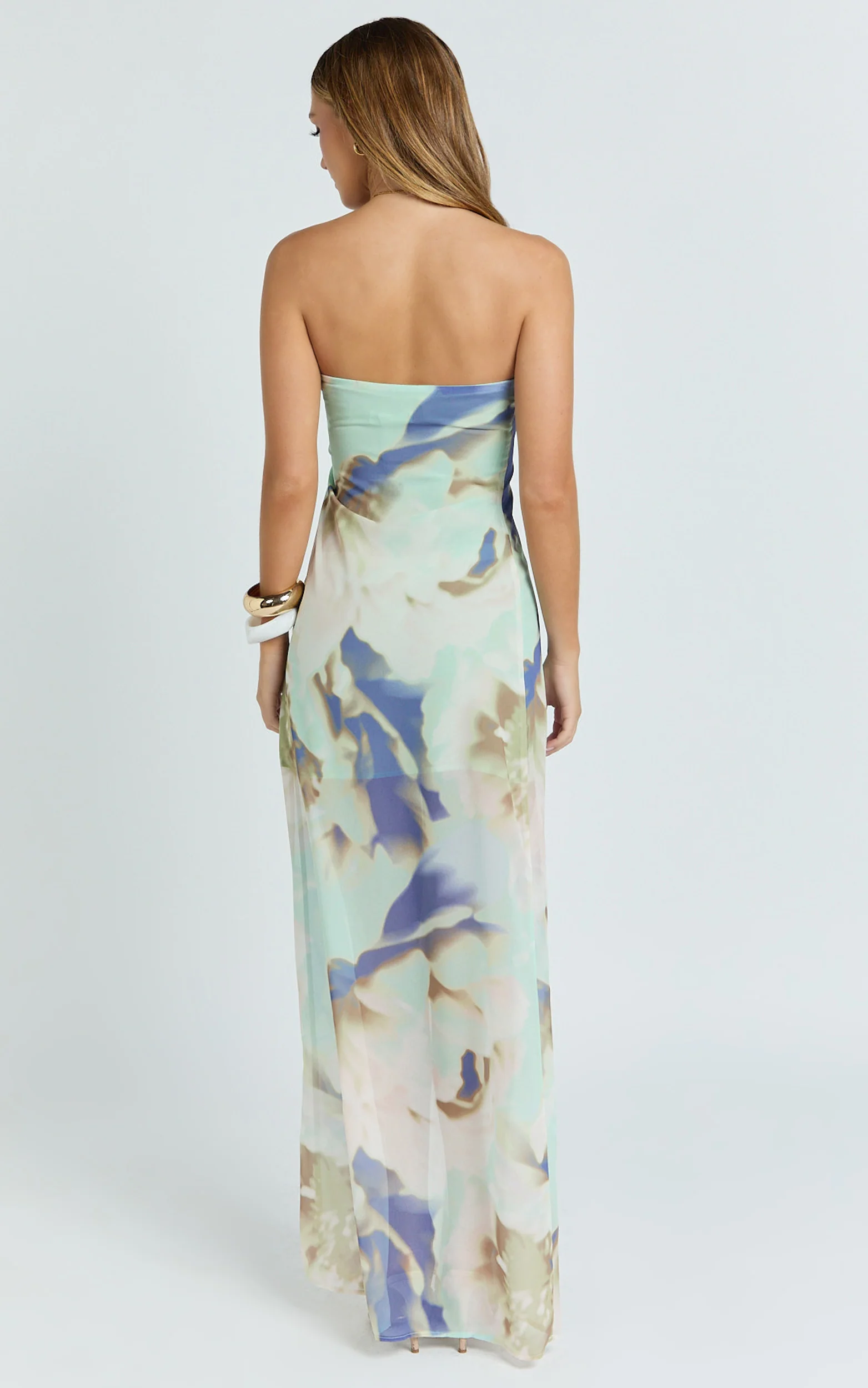 Adiana Maxi Dress - Floral Print Strapless Dress in Aquamarine Floral