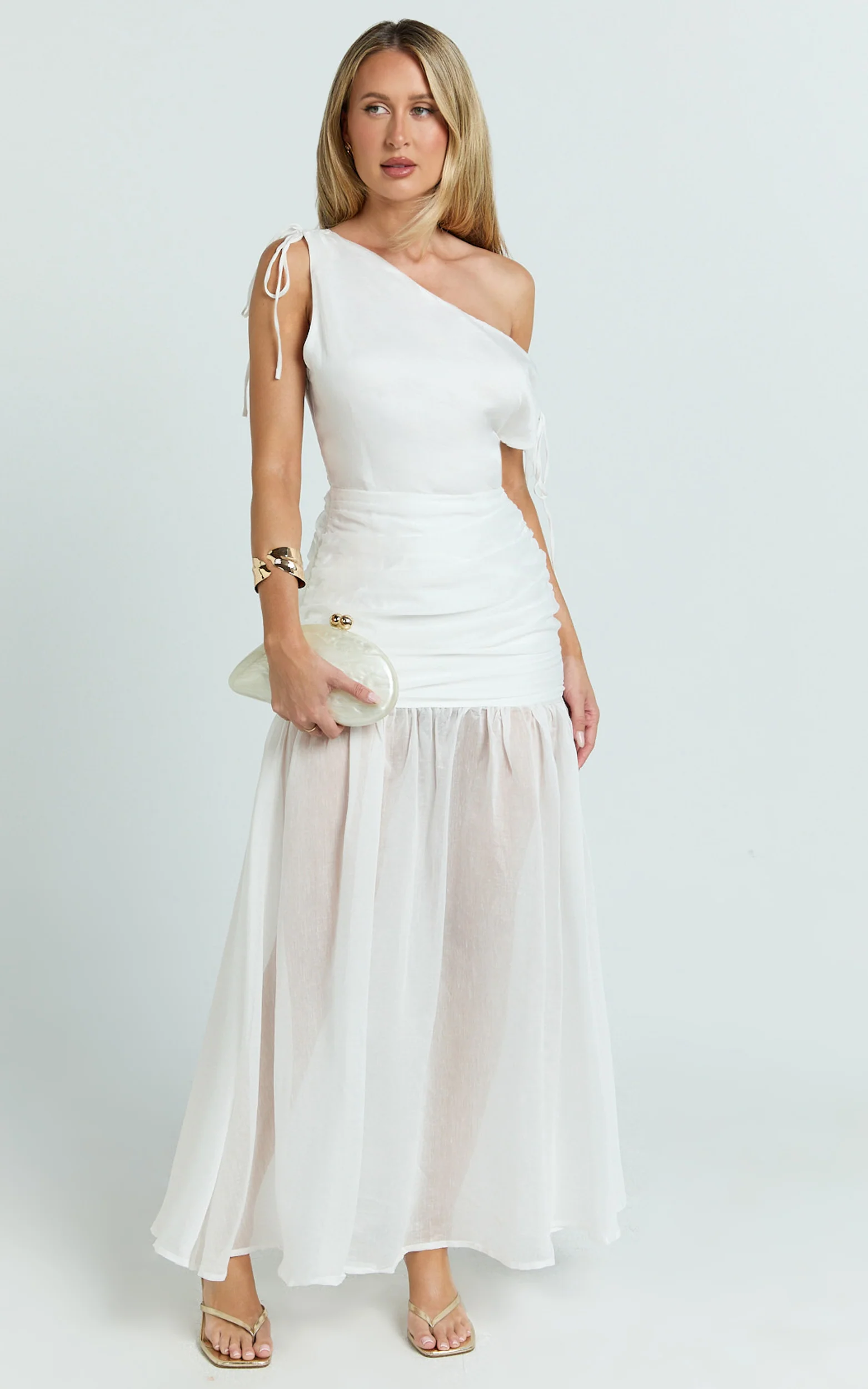 Mackenzie Maxi Dress - Tipped Shoulder Drop Waist Full Gathered Skirt Dress in White