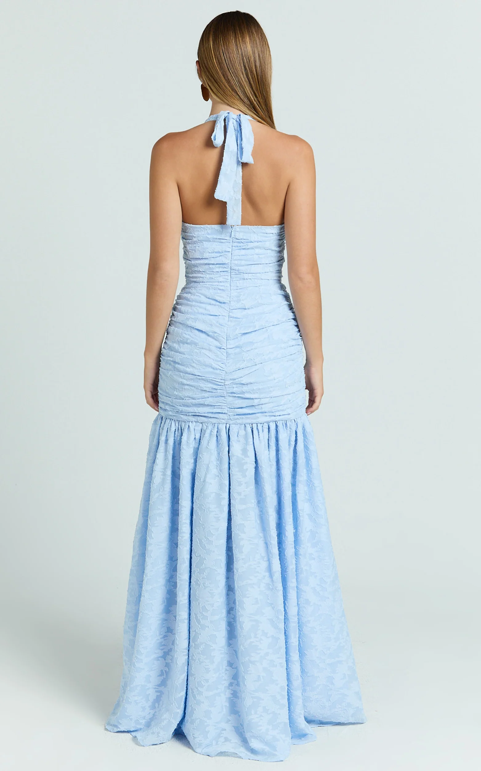 Bijou Maxi Dress - Embroidery Deep V Halter Ruched Dress in Ice Blue