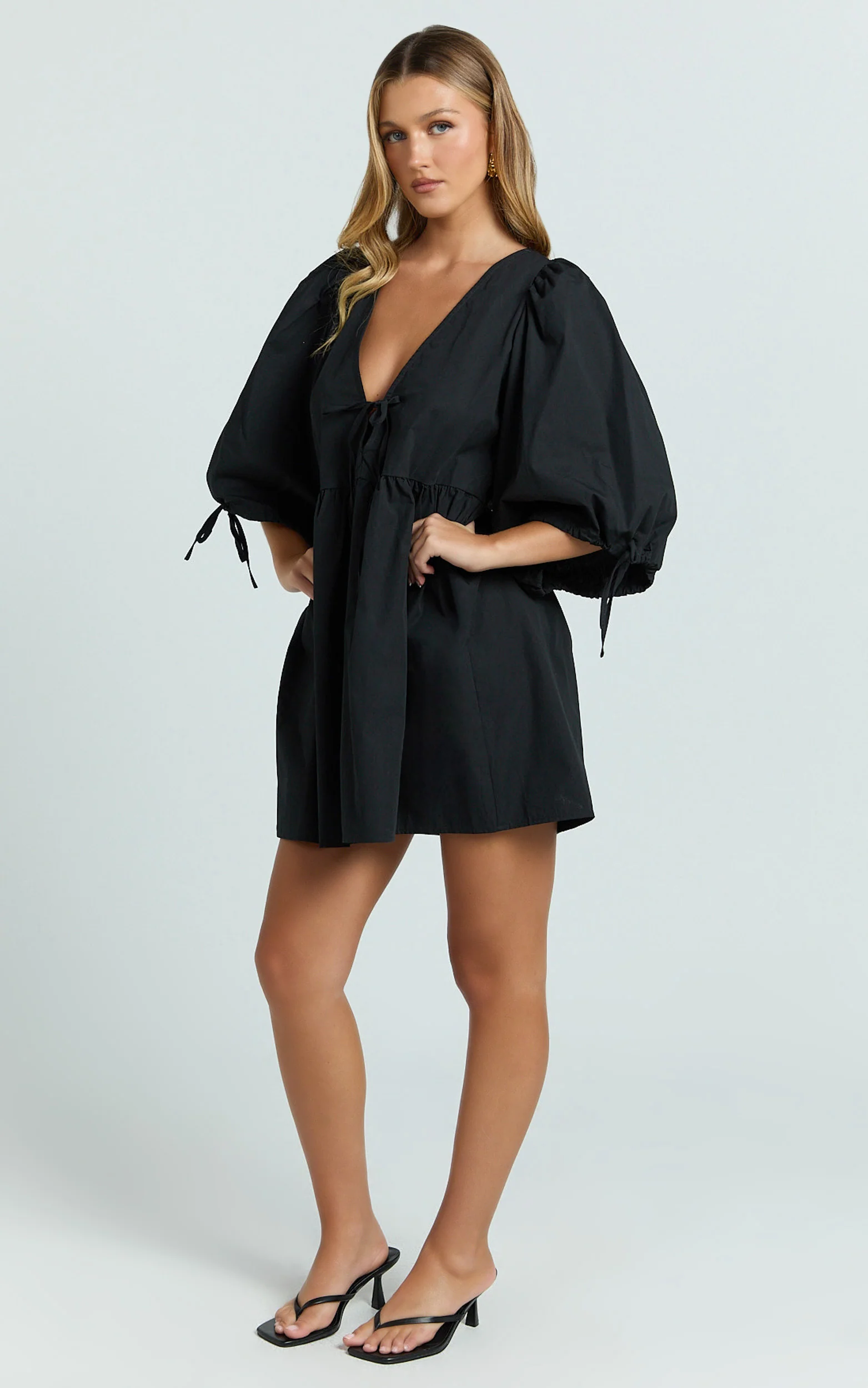 Rosita Mini Dress - Tie Front Puff Sleeve Dress in Black