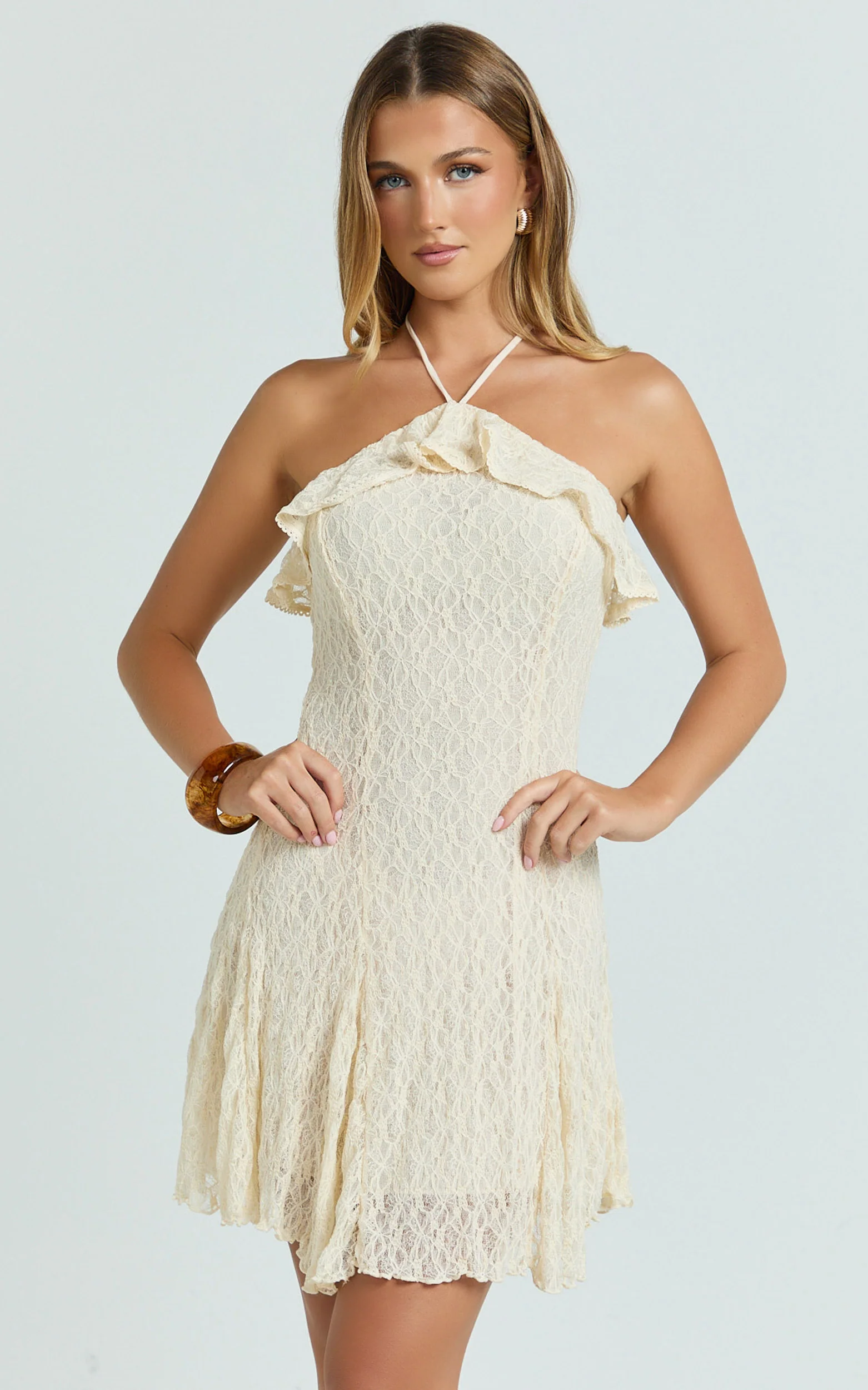 Rhea Mini Dress - Jacquard Ruffle Halter A Line Dress in Cream