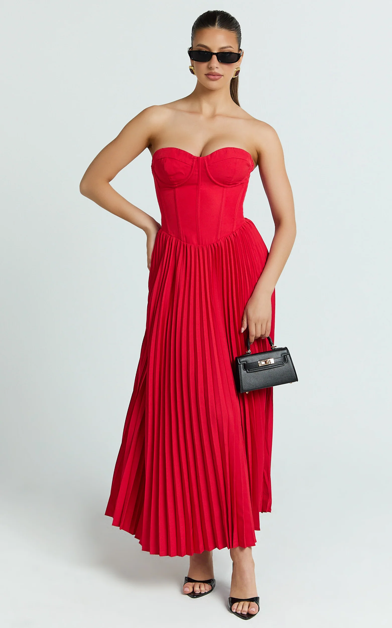 Loretta Midi Dress - Lace Up Back Bustier Pleated Dress in Red