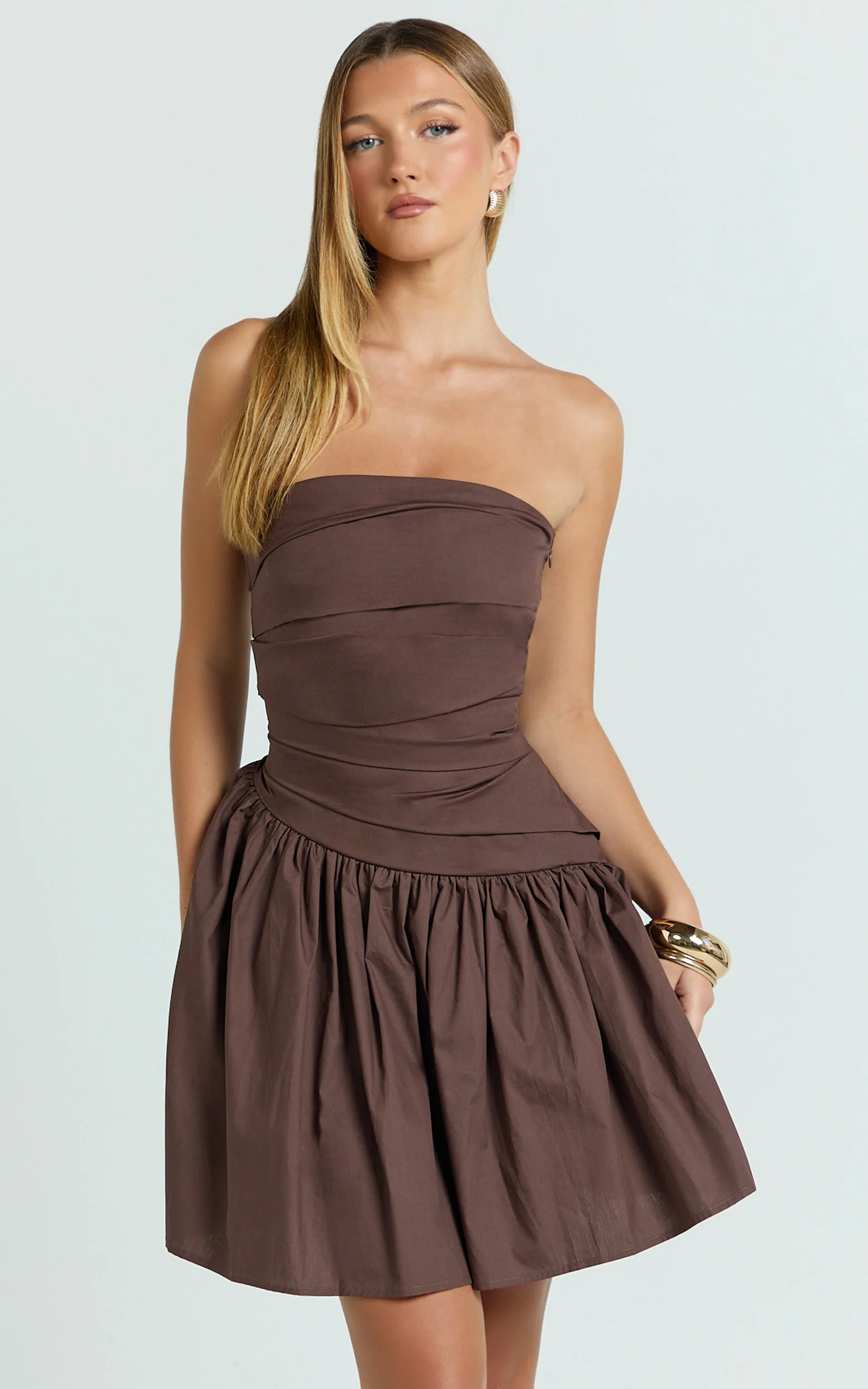 Almera Mini Dress - Strapless Ruched Dress in Chocolate