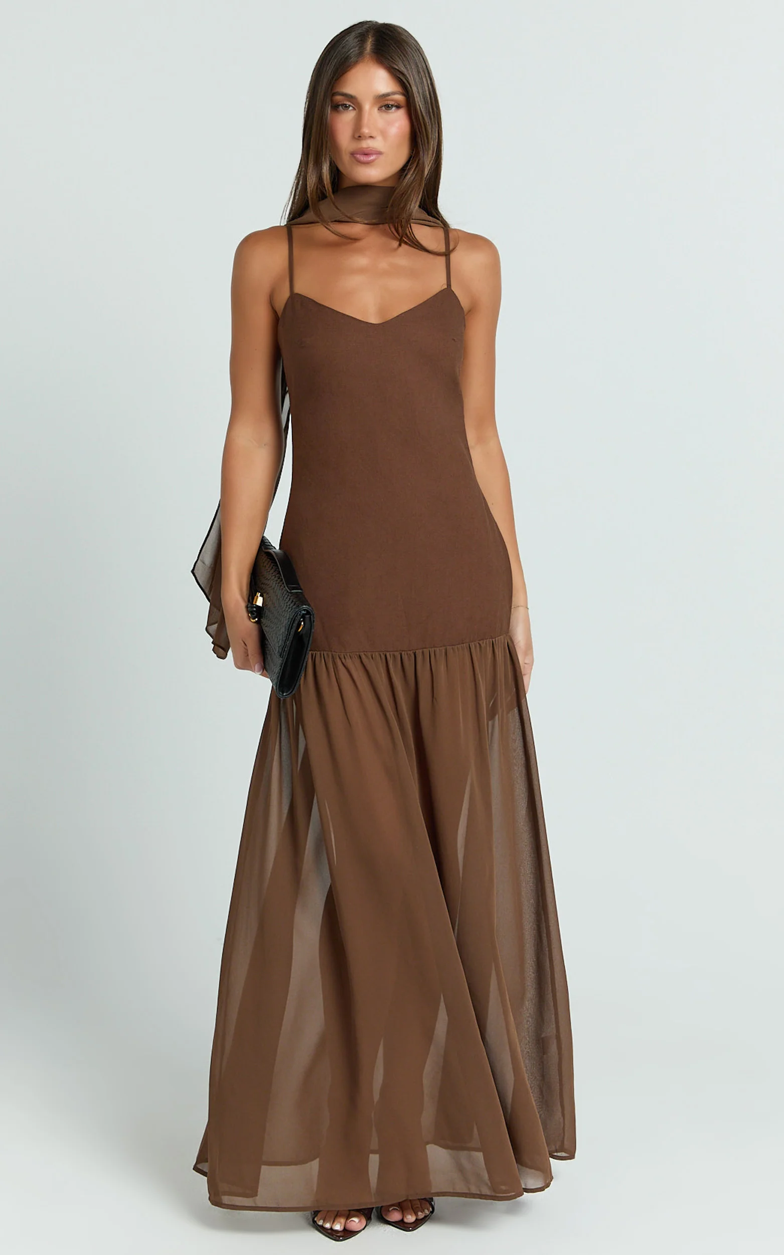 Calvin Maxi Dress - Linen Look Contrast Georgette Skirt with Neck Scarf in Chocolate