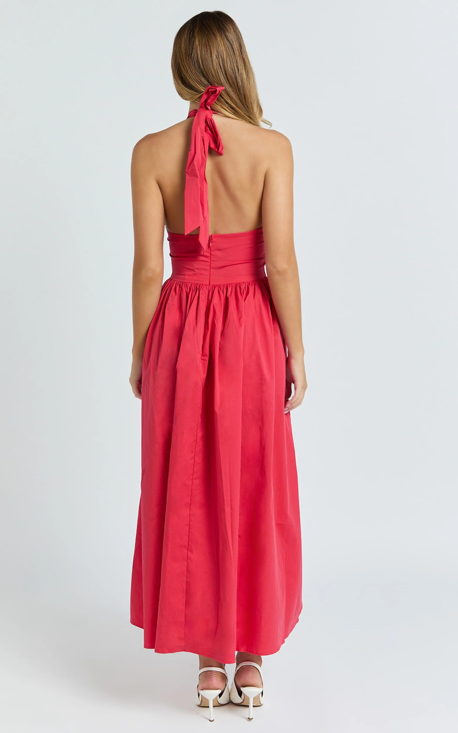 Belle Midi Dress - Keyhole Halter With V Yoke Dress in Red