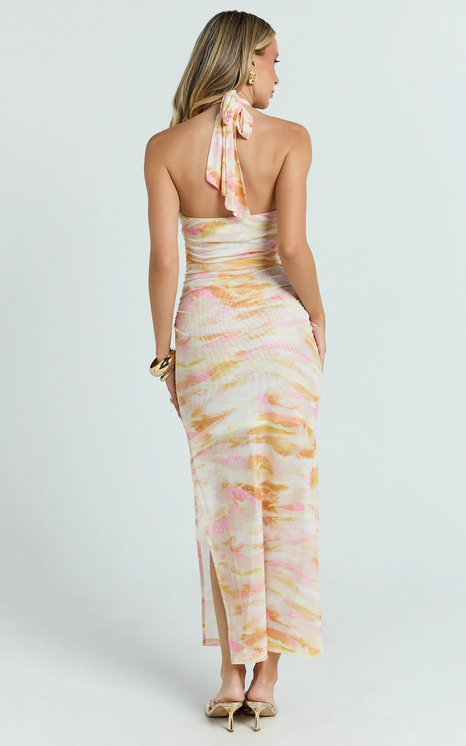 Nessa Midi Dress - Halterneck Ruched Fitted Shell Trim Fitted Mesh Print Dress in Ocean Foam Print