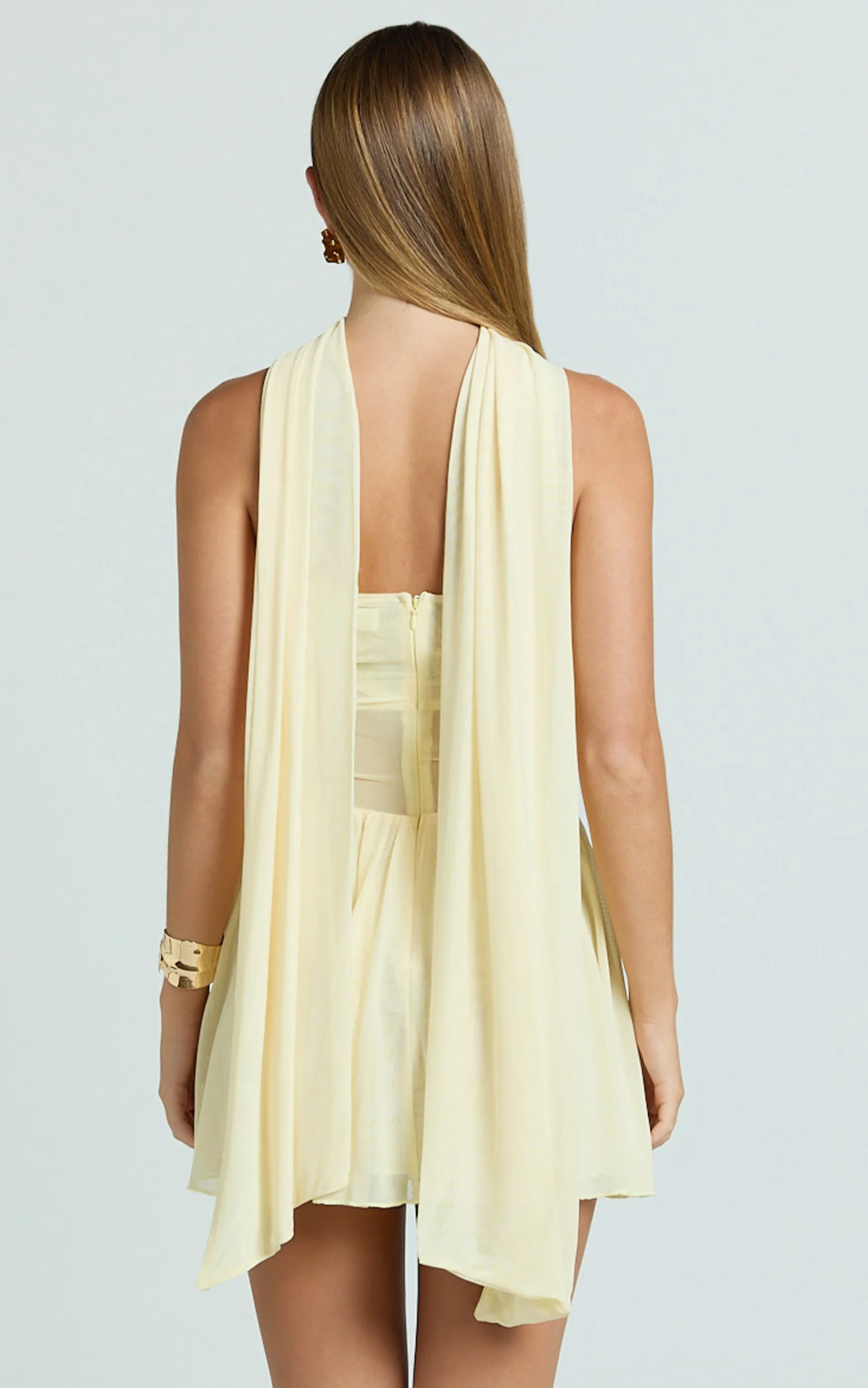 Carter Mini Dress - Strapless Front Twist Dropped Waist With Neck Scarf Dress in Lemon
