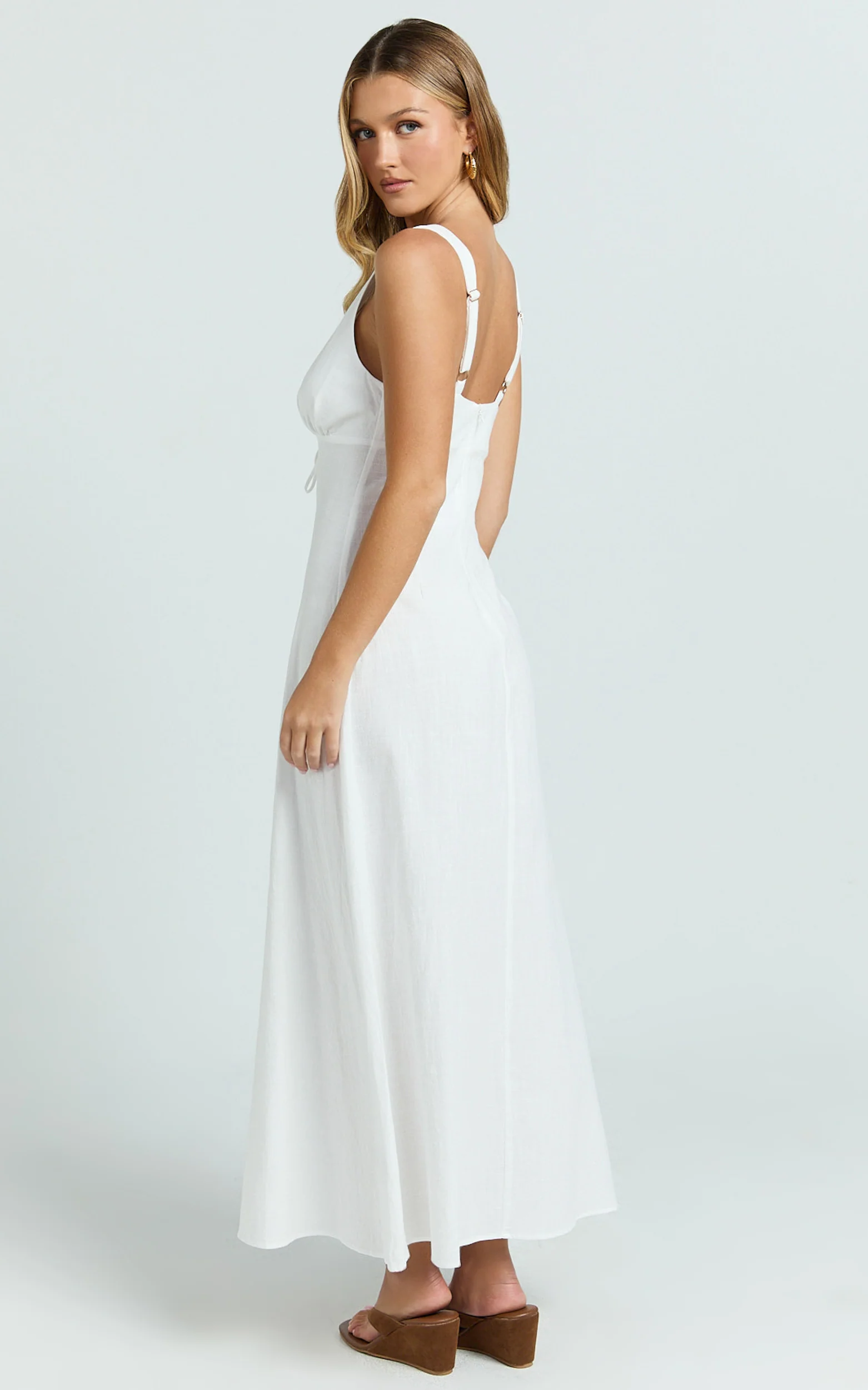 Silvena Midi Dress - Plunge Neckline Tie Front A Line Dress in White