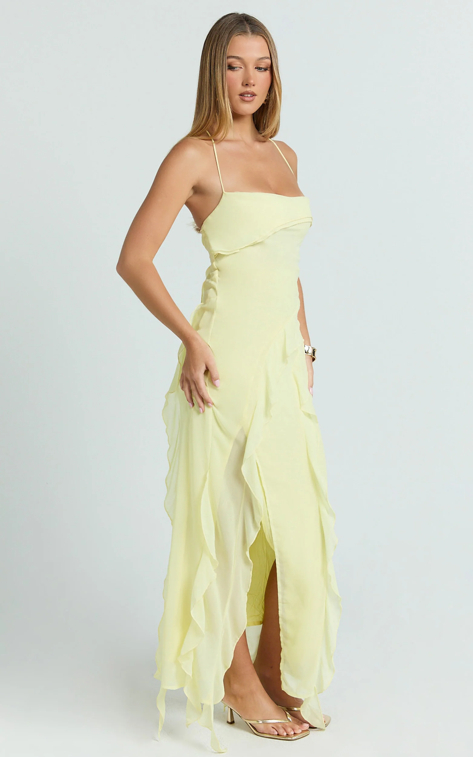 Connie Midi Dress - Ruffle Detail Dress in Lemon