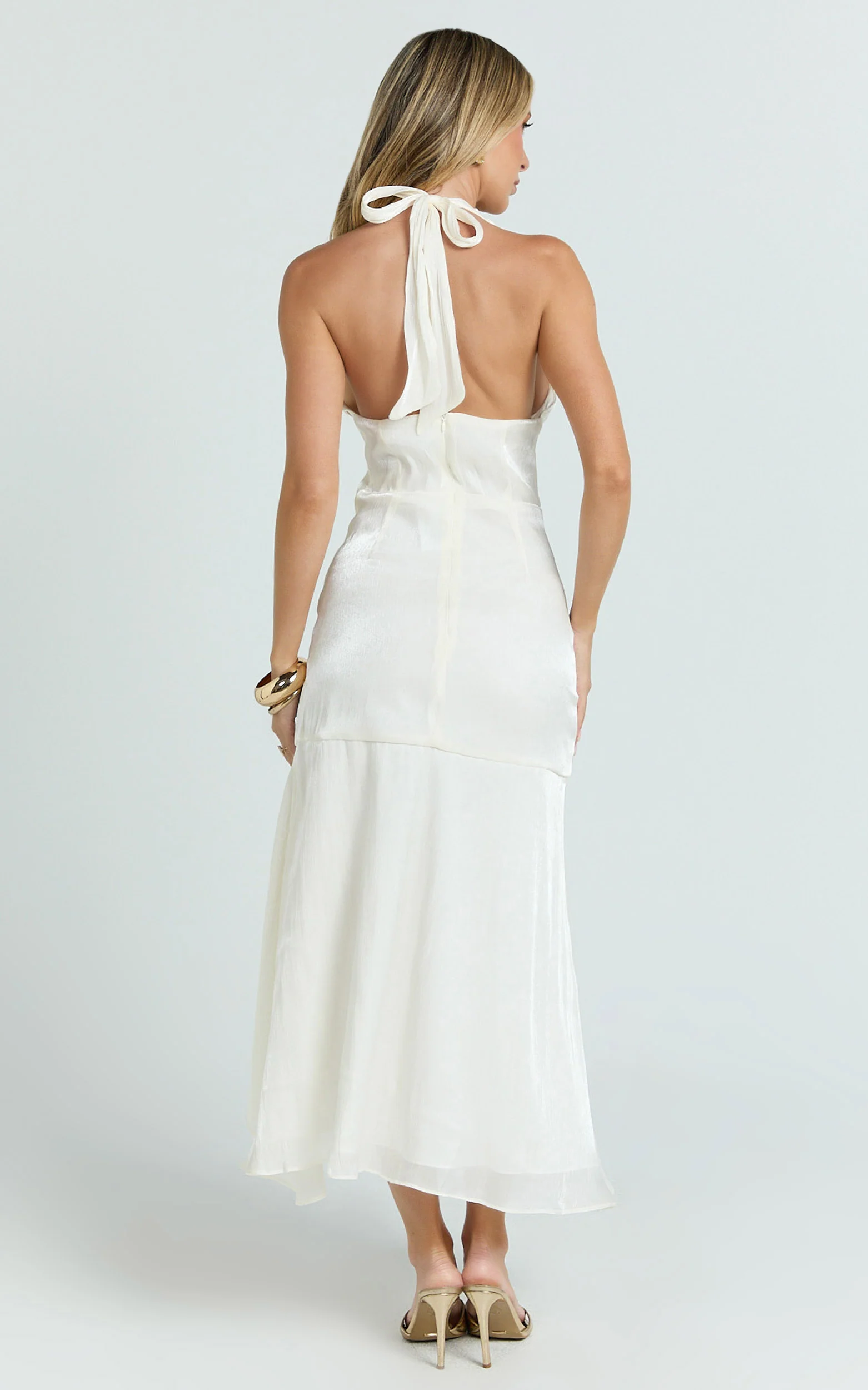 Carmela Midi Dress - Gather Bust and Shoulder Strap With Front Leg Split Dress in Off White