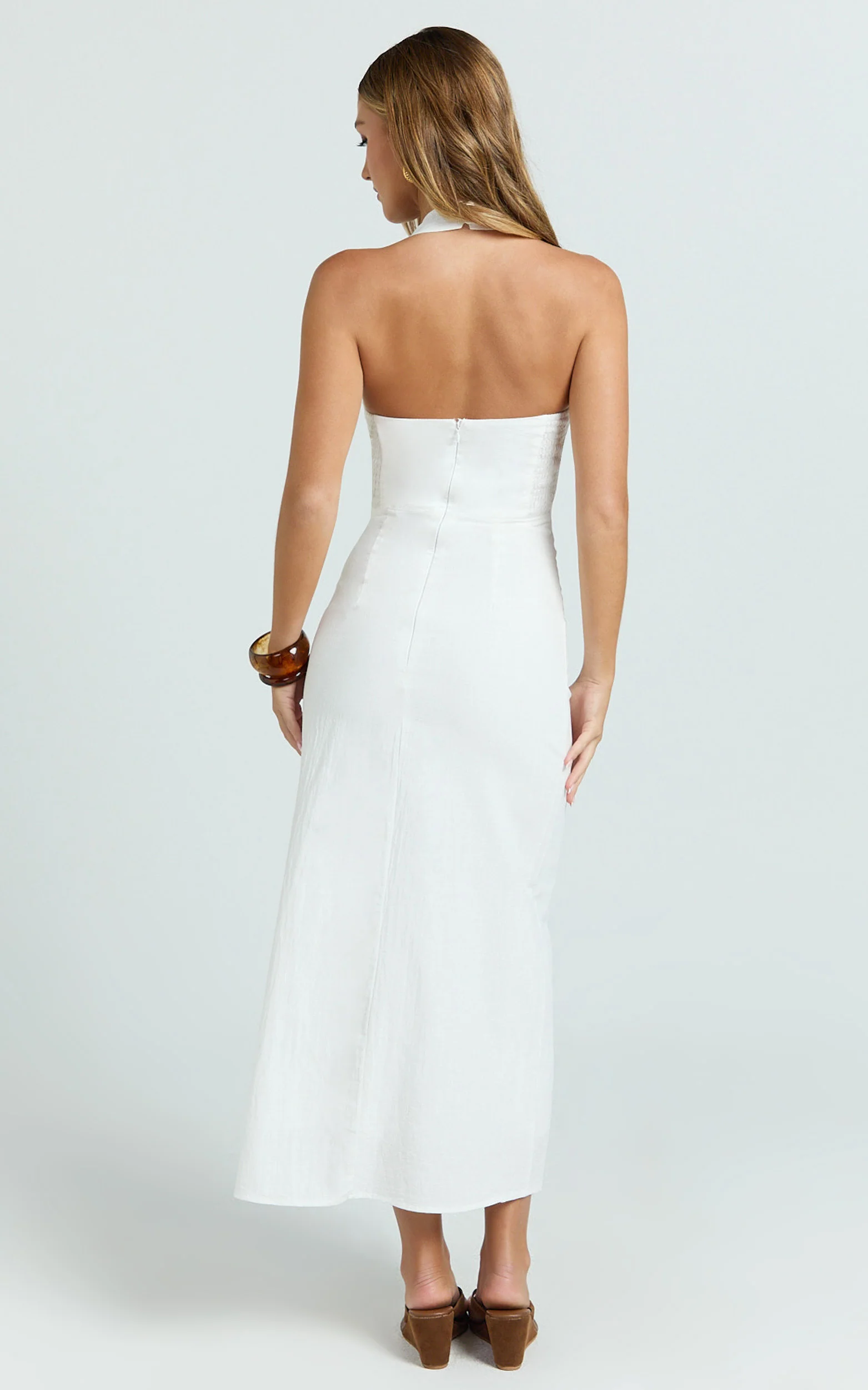 Murray Midi Dress - Deep U Halter Neck Dress in White