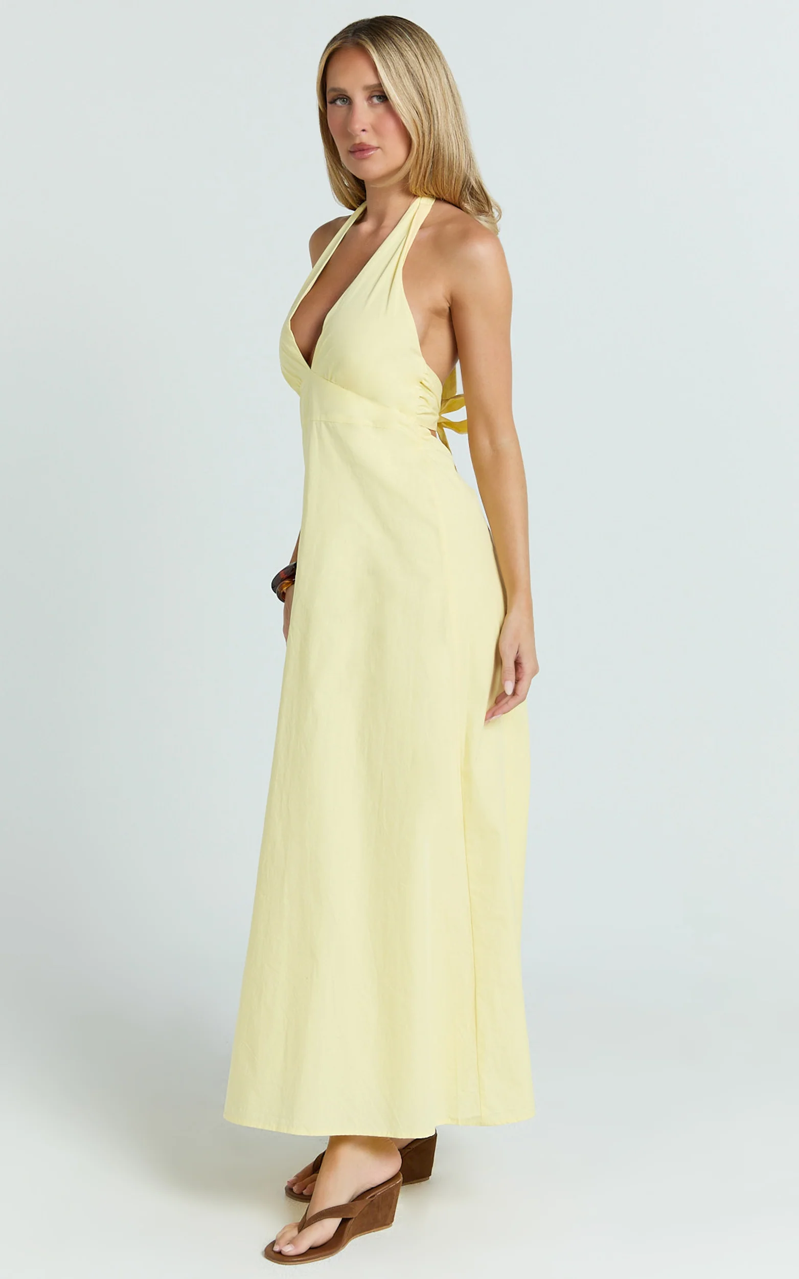 Connor Maxi Dress - Halter Neck Tie Back Dress in Lemon