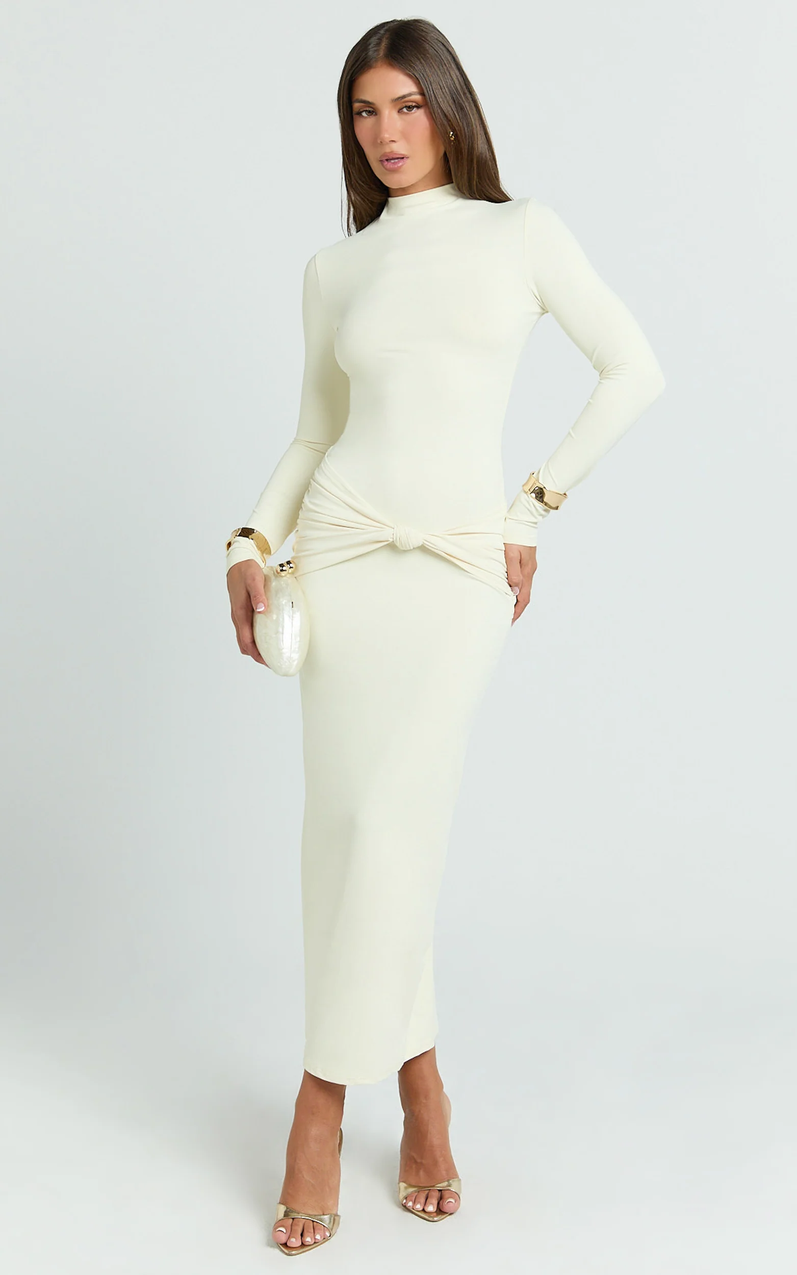 Amelita Midi Dress - Long Sleeve Knot Detail Dress in Cream