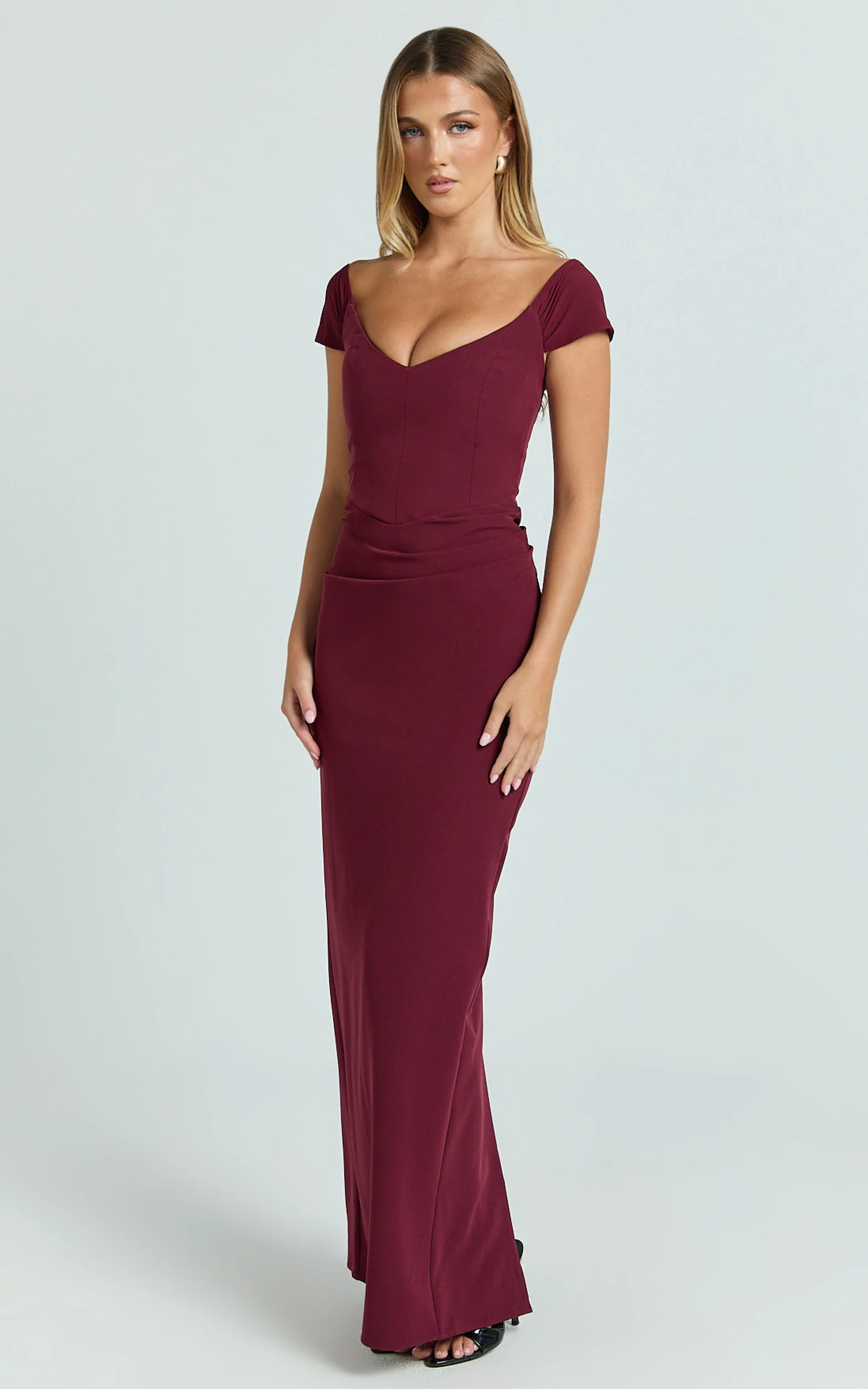 Veronika Maxi Dress - Off Shoulder Plunge High Split Dress in Wine