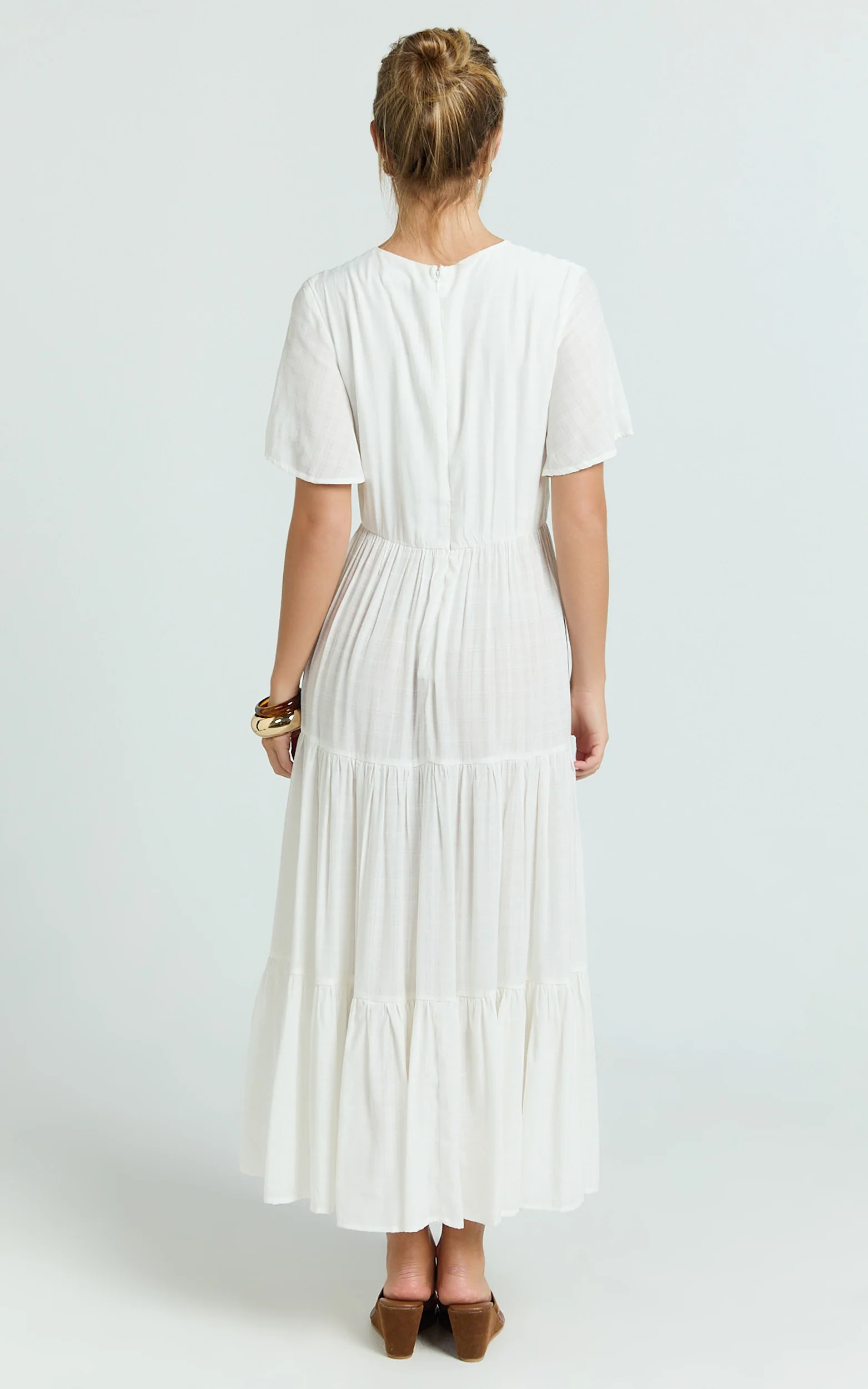 Cryzel Midi Dress - Flutter Sleeve Tiered Dress in White