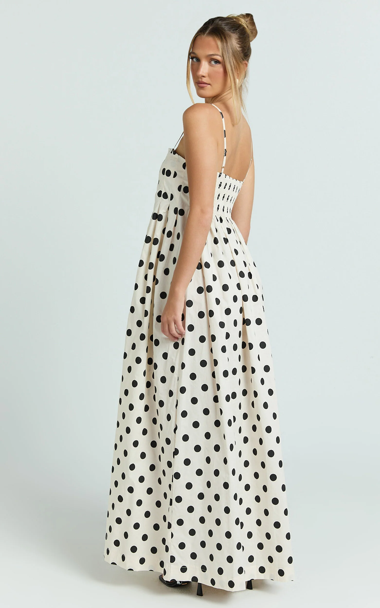 Sia Maxi Dress - Sleeveless Straight Neck A Line Dress in Beige Black Spot