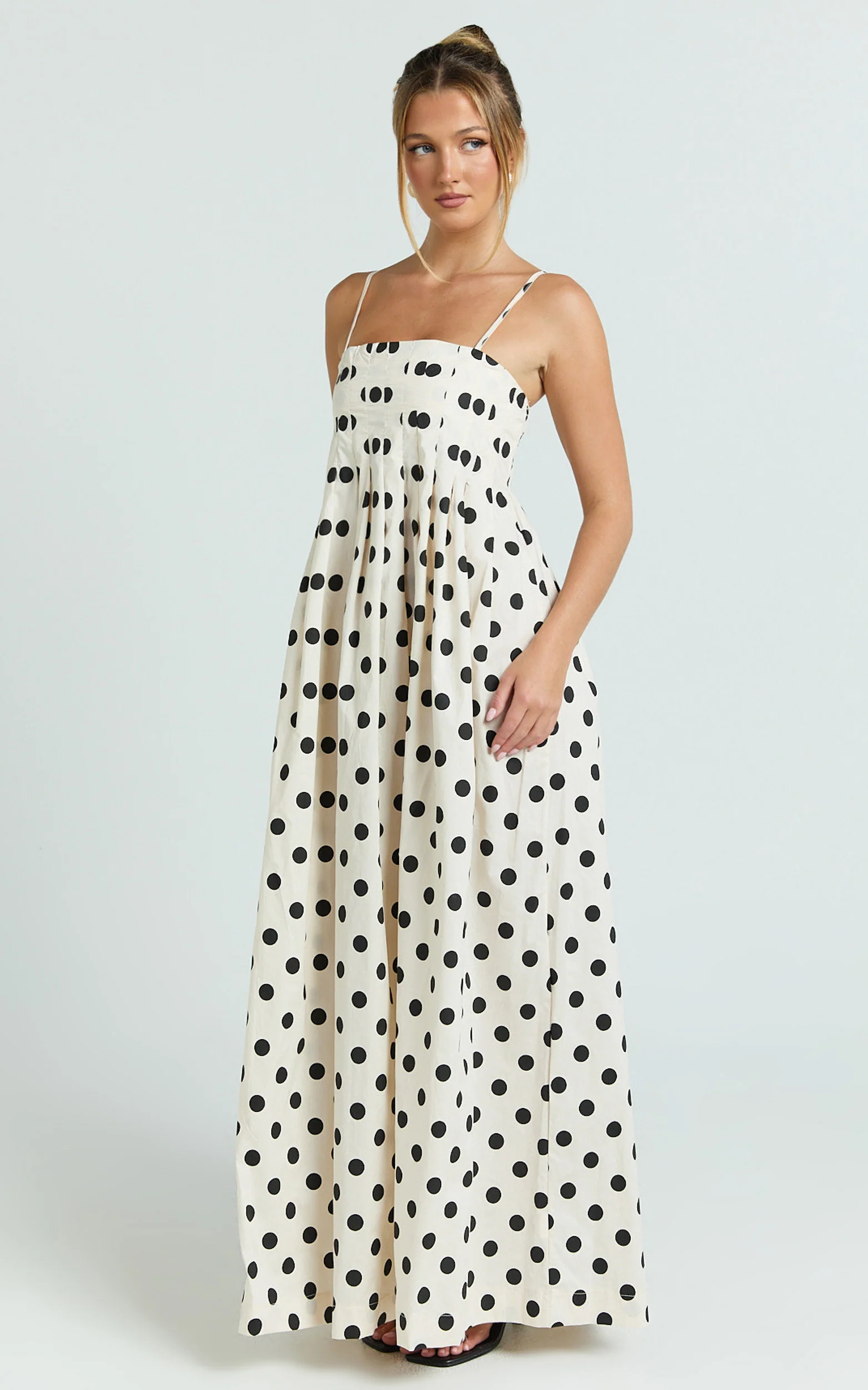 Sia Maxi Dress - Sleeveless Straight Neck A Line Dress in Beige Black Spot