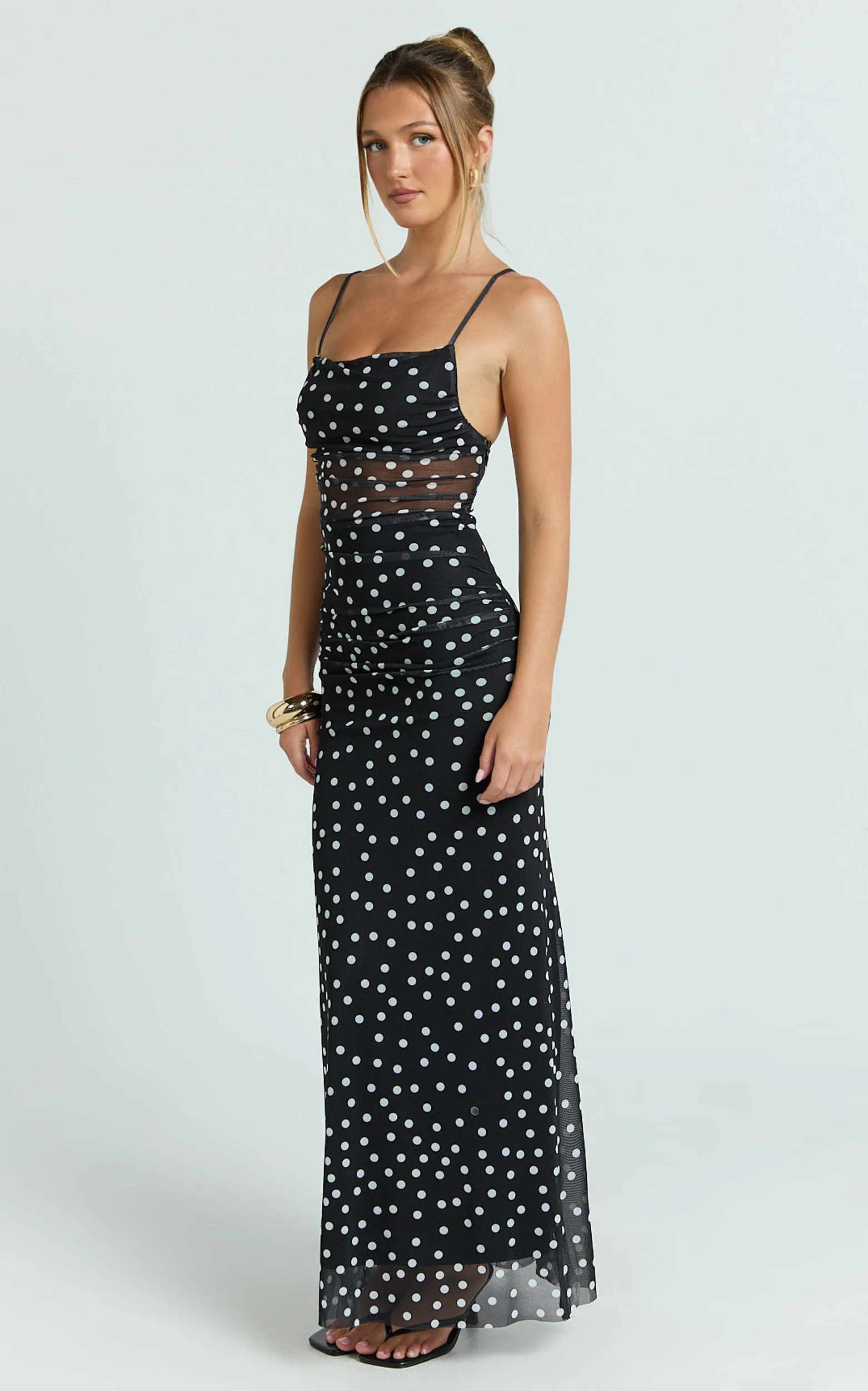 Gia Maxi Dress - Straight Neck Fitted Dress in Black White Spot