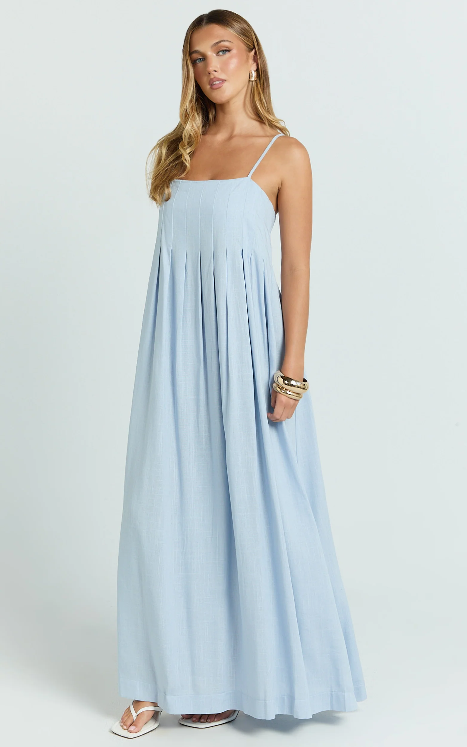 Cloe Midi Dress - Pleated Detail Dress in Blue
