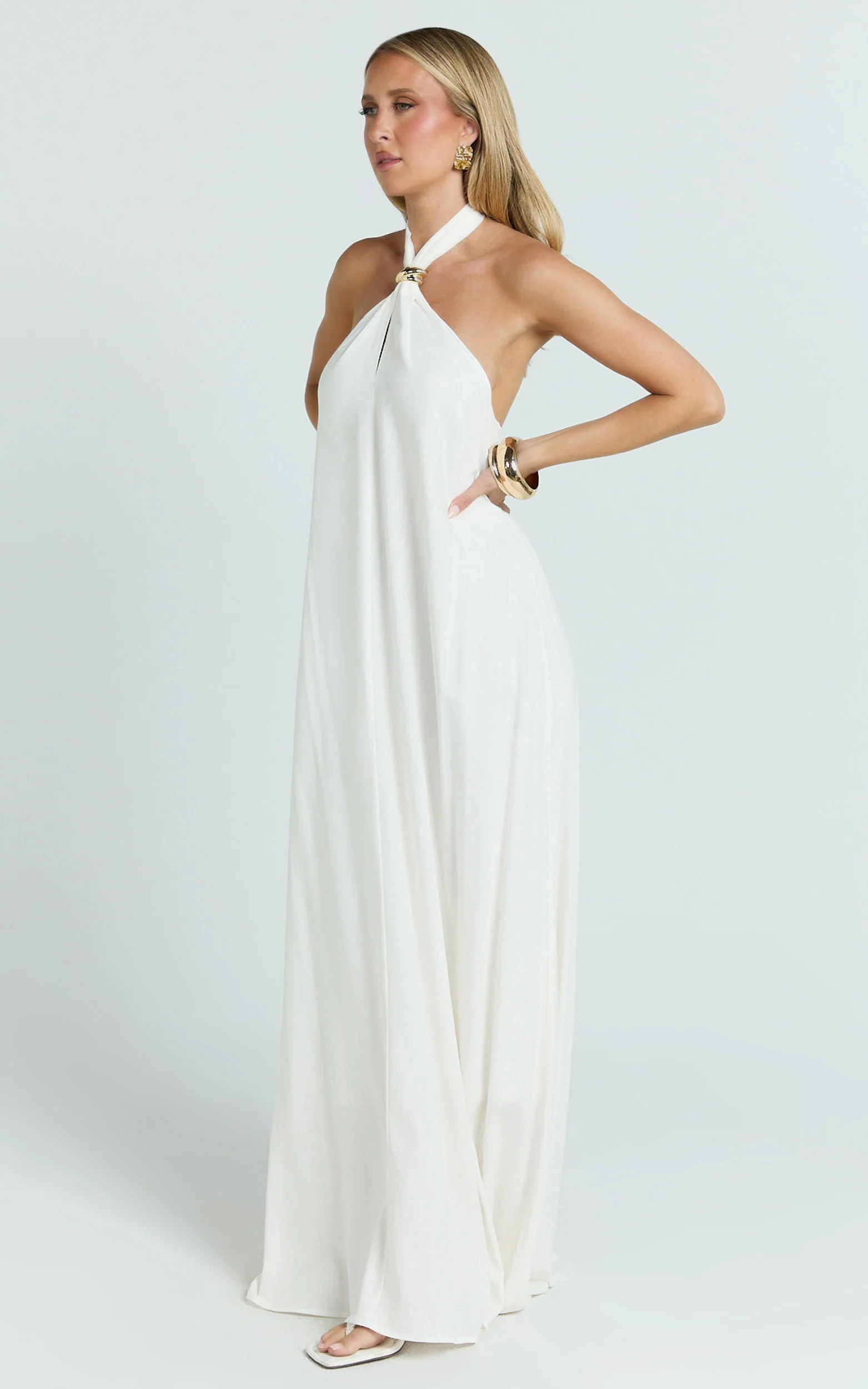 Jhazmine Maxi Dress - Halterneck Linen Gold Trim Dress in Off White