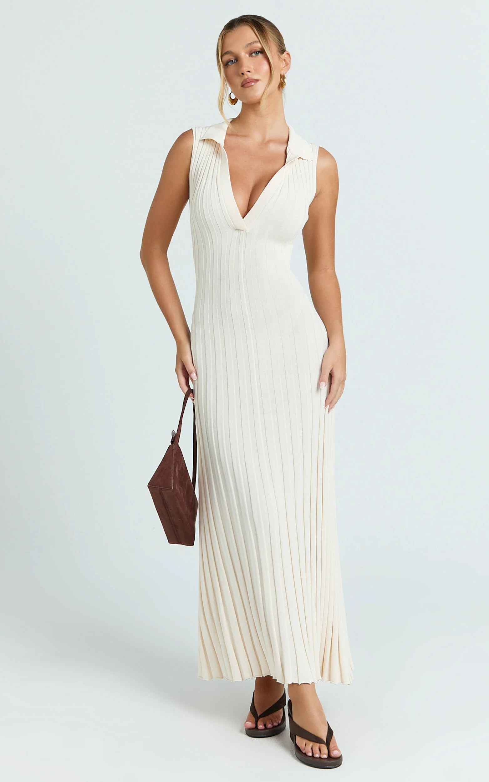 Kara Maxi Dress - Sleeveless Collared V Neck Knit Dress in Cream