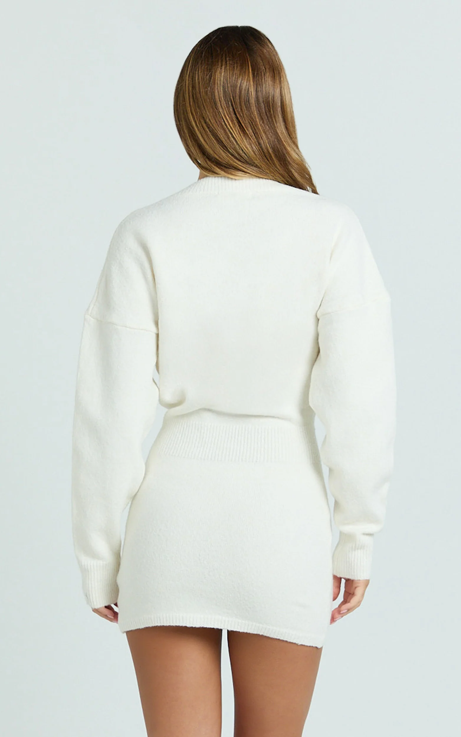 Demelza Mini Dress - Knit Button Down Blouson Cardigan Mini Dress in Cream