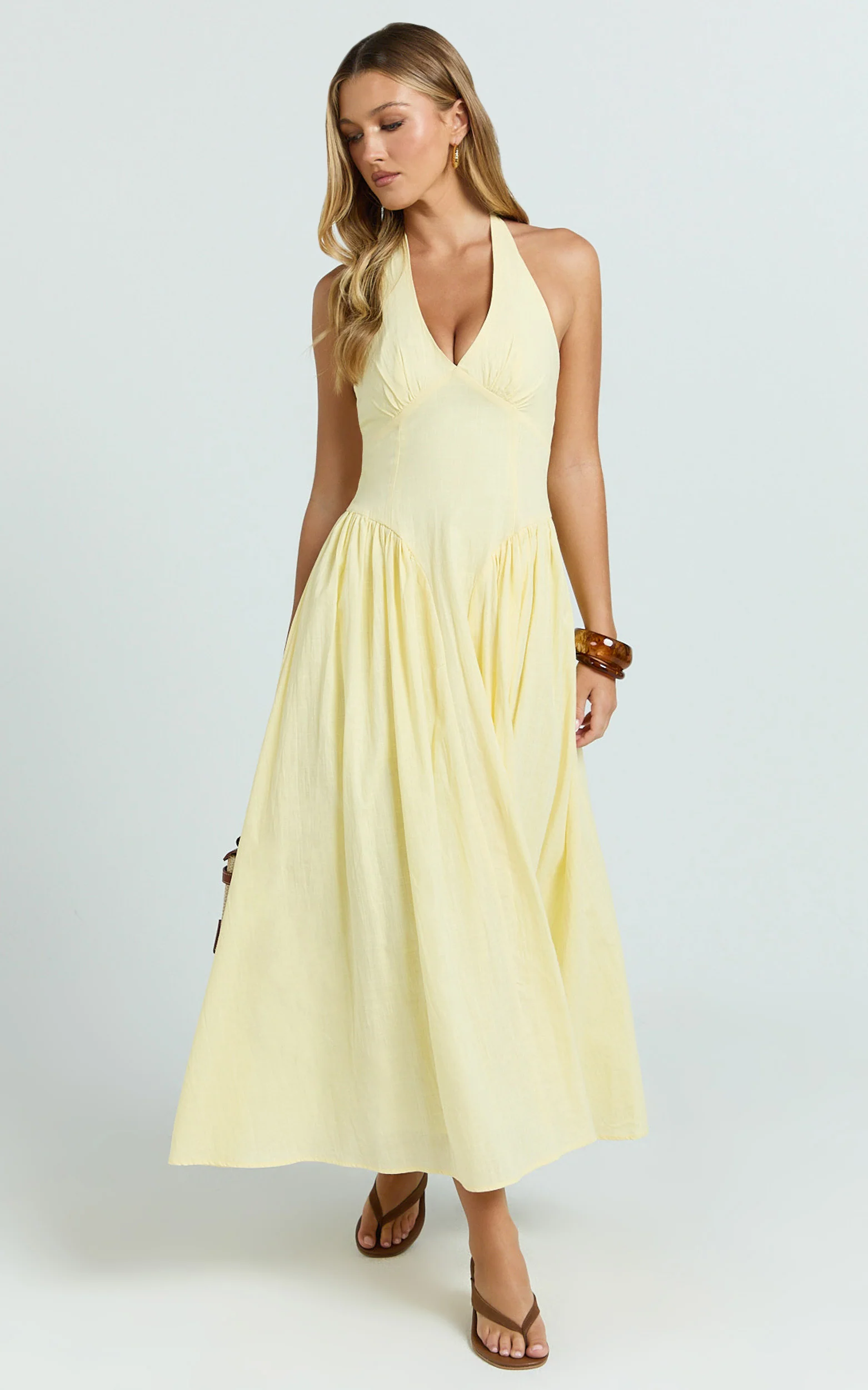 Athena Midi Dress - Halter Drop Waist Dress in Lemon