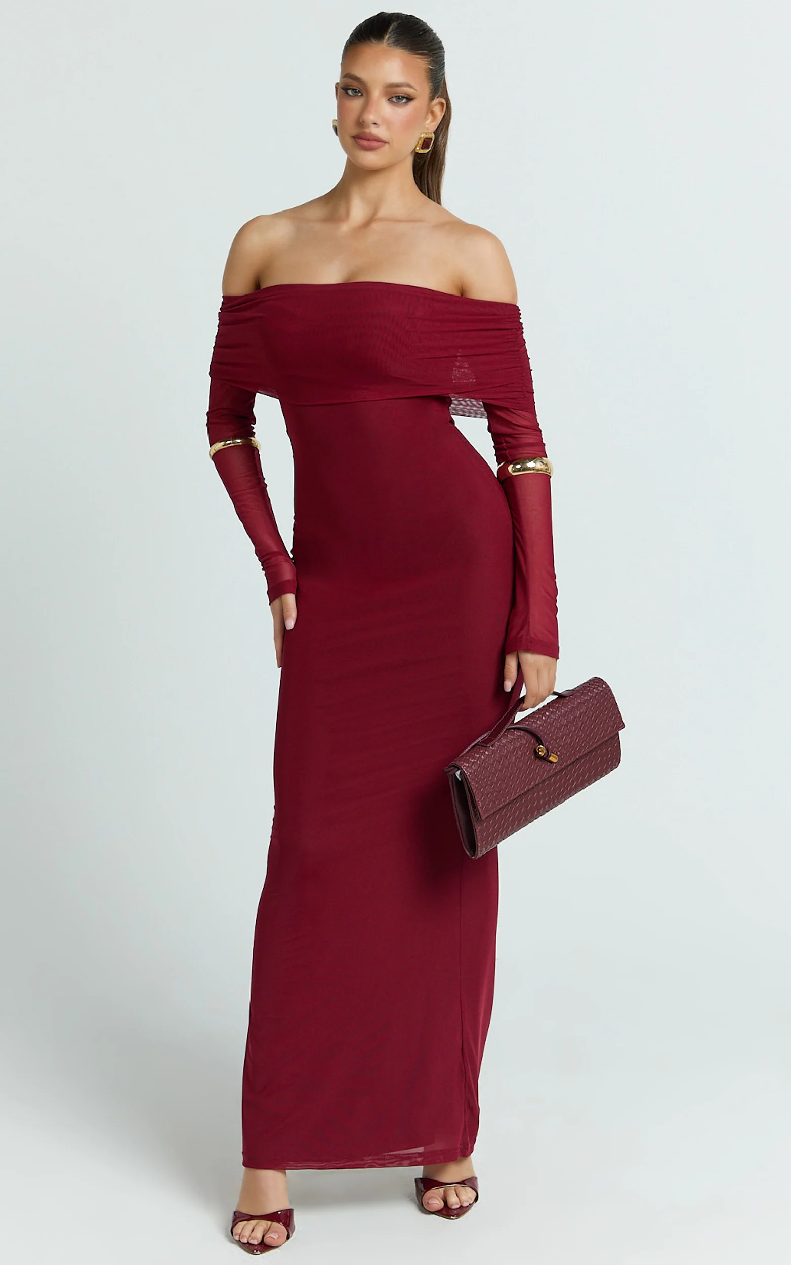 Bethanie Maxi Dress - Off The Shoulder Mesh Dress in Wine