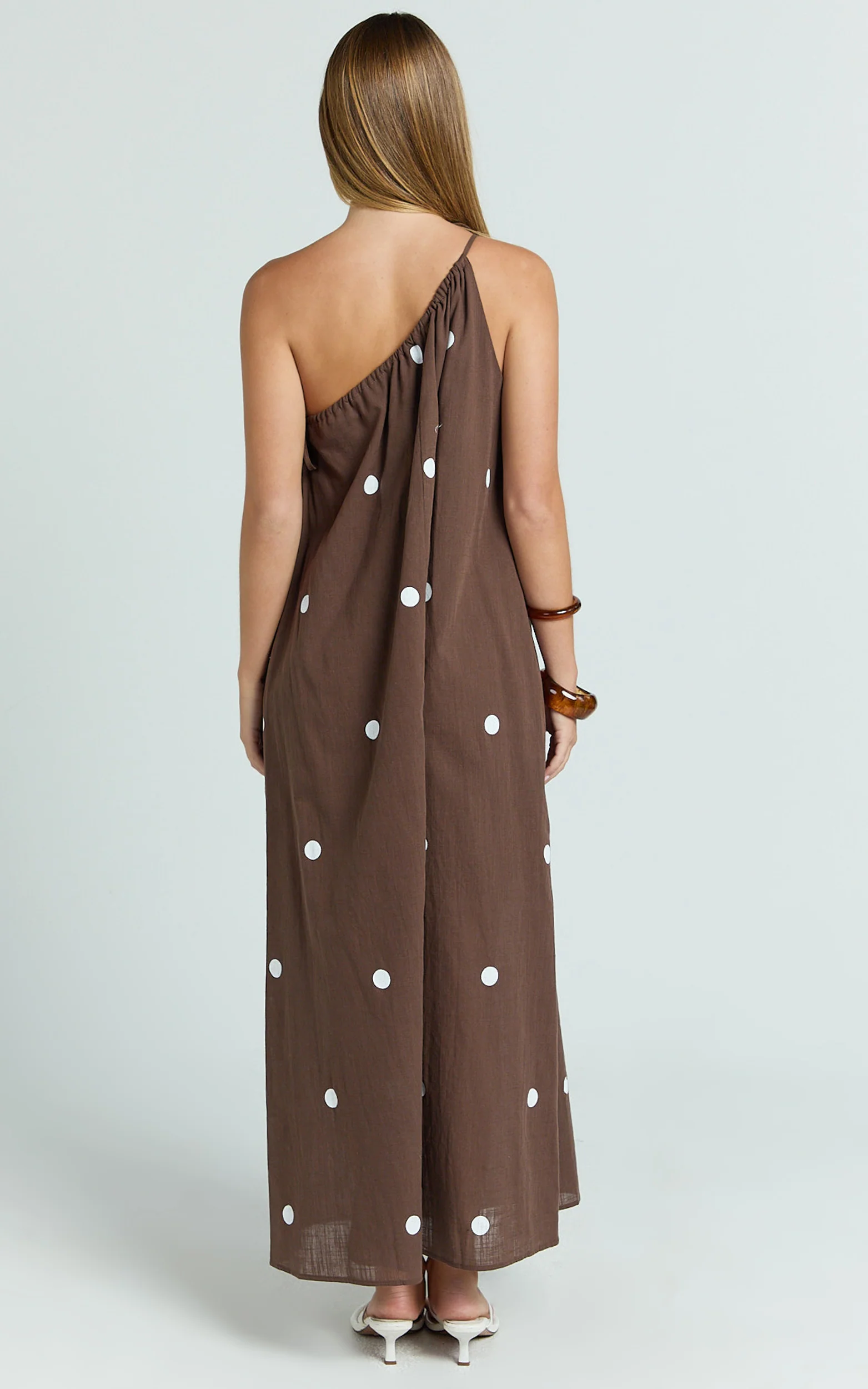 Gia Midi Dress - One Shoulder Dress in Chocolate Polka Dot