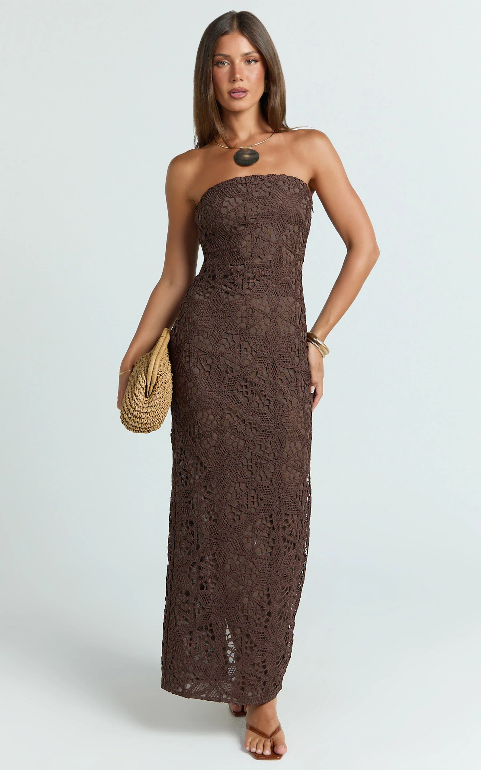 Tamika Maxi Dress - Crochet Strapless Column Dress in Chocolate