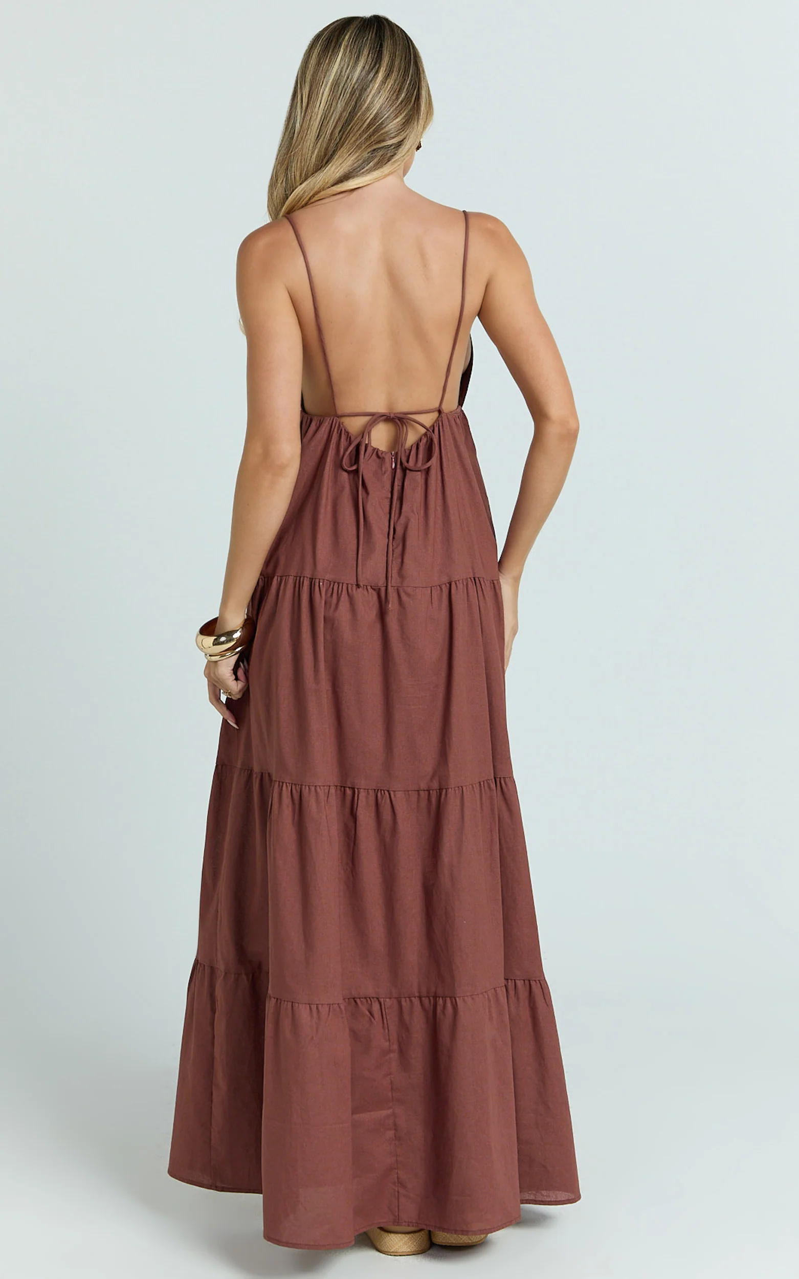 Eugene Maxi Dress - Beaded Strap Tiered Maxi Dress in Brown