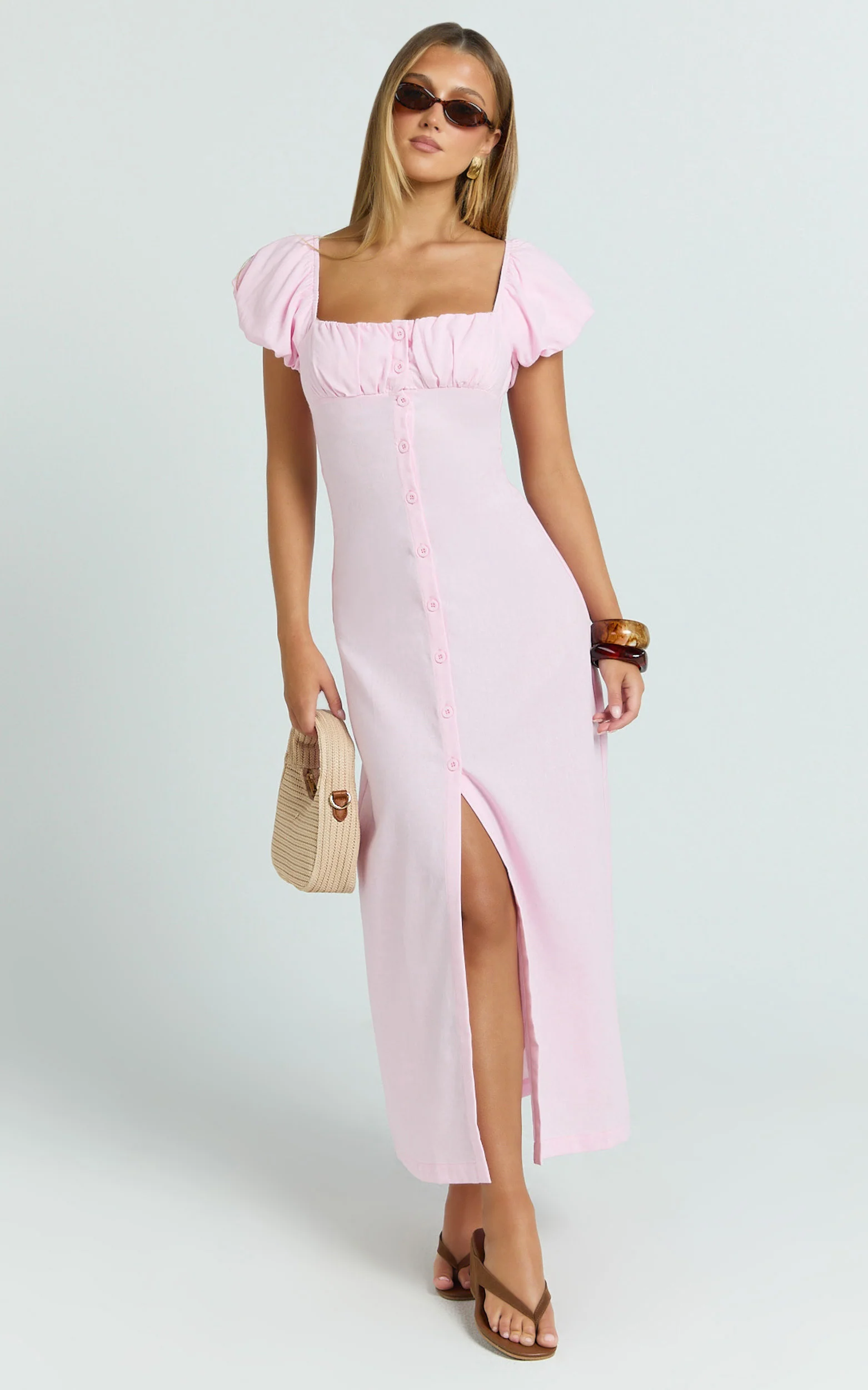 Welmina Midi Dress - Short Sleeve Placket Front Dress in Pale Pink