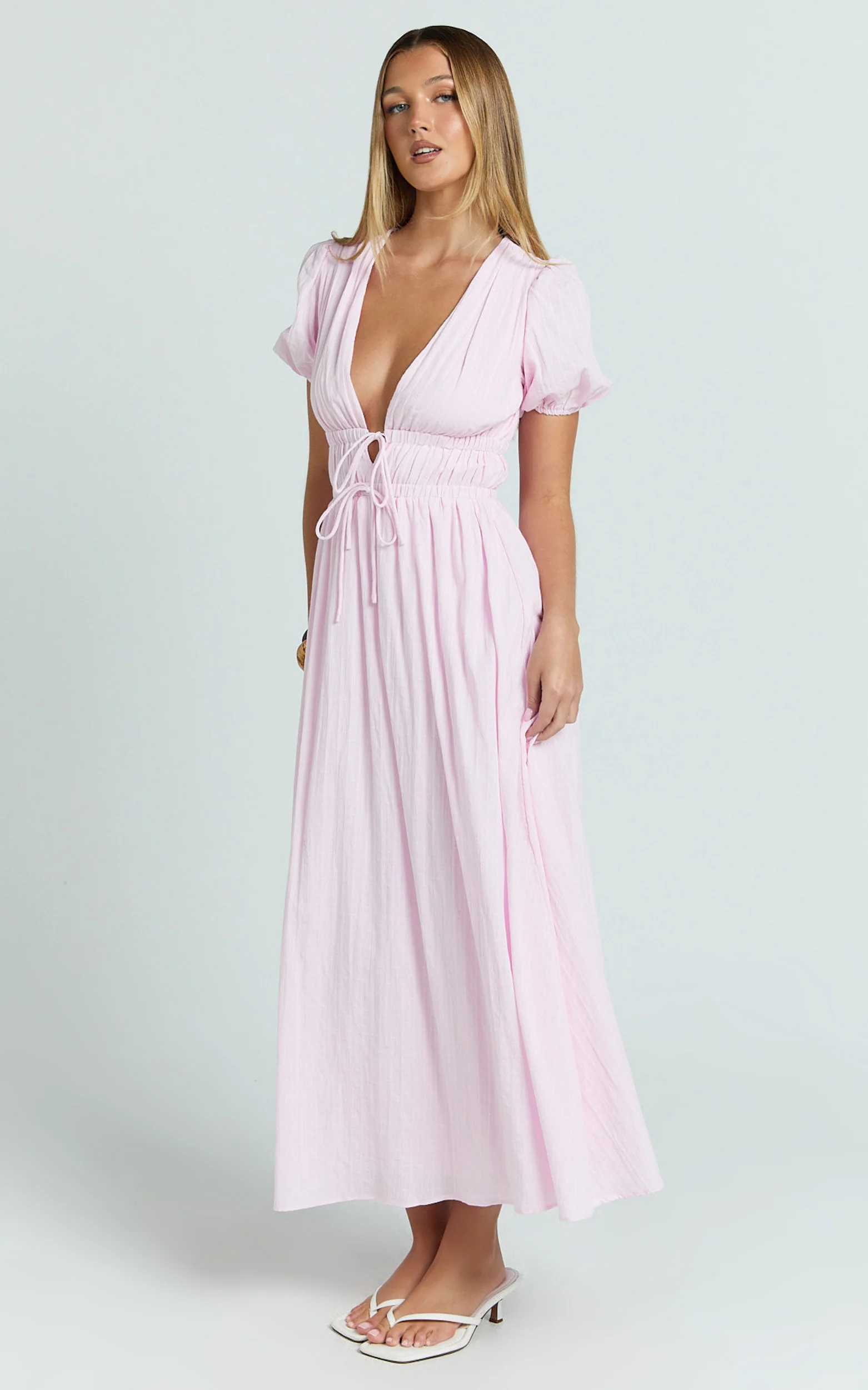 Matteo Midi Dress - Deep V Neck Puff Sleeve Dress in Pink