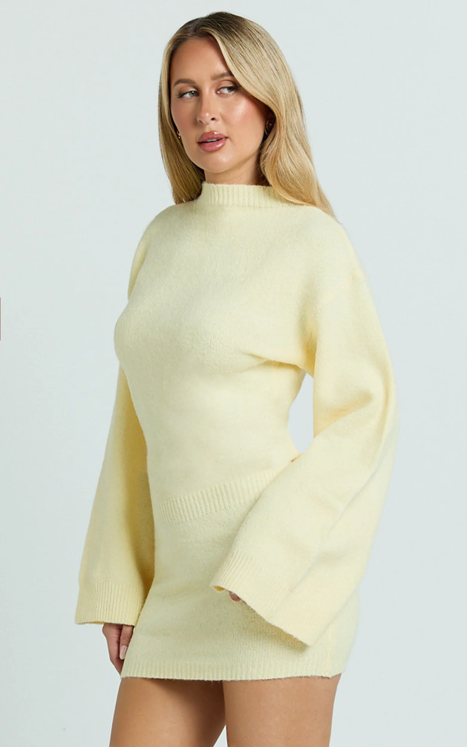 Dakota Mini Dress - Knit Long Sleeve Dress in Lemon