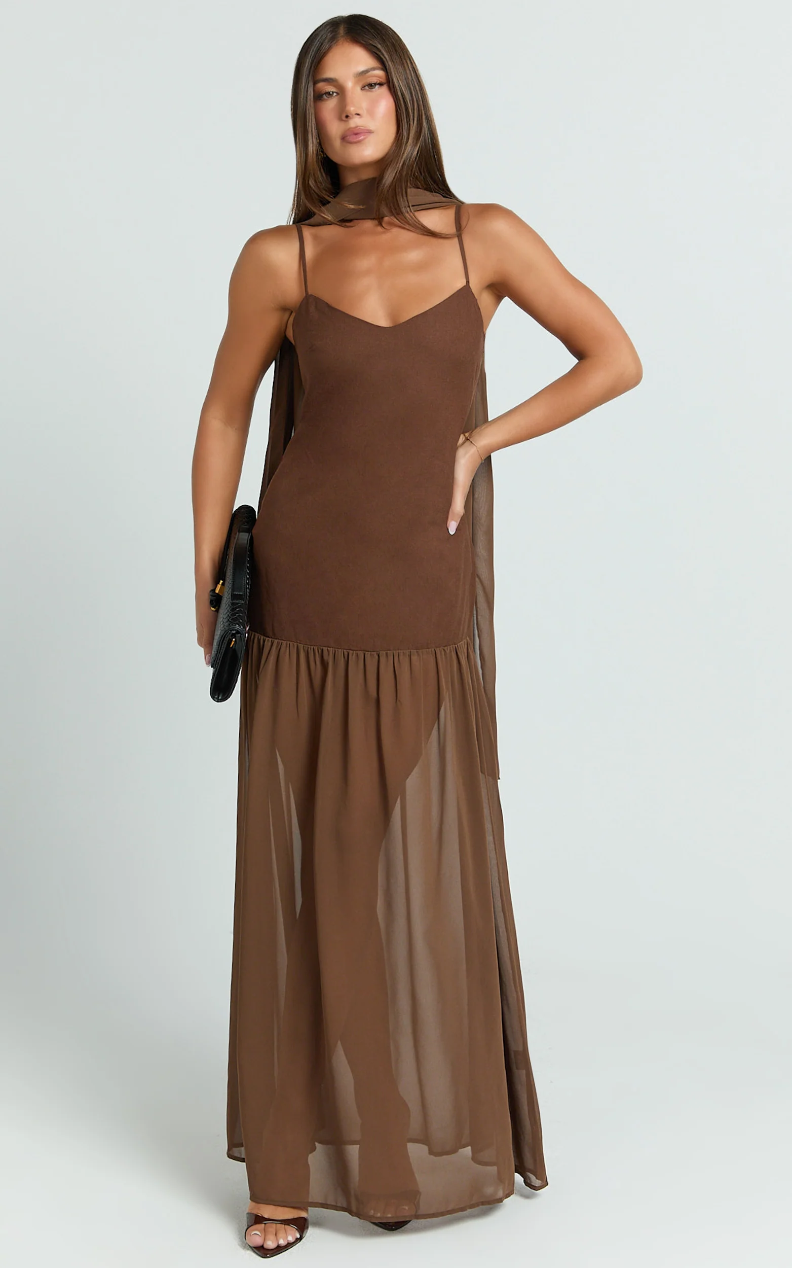 Calvin Maxi Dress - Linen Look Contrast Georgette Skirt with Neck Scarf in Chocolate