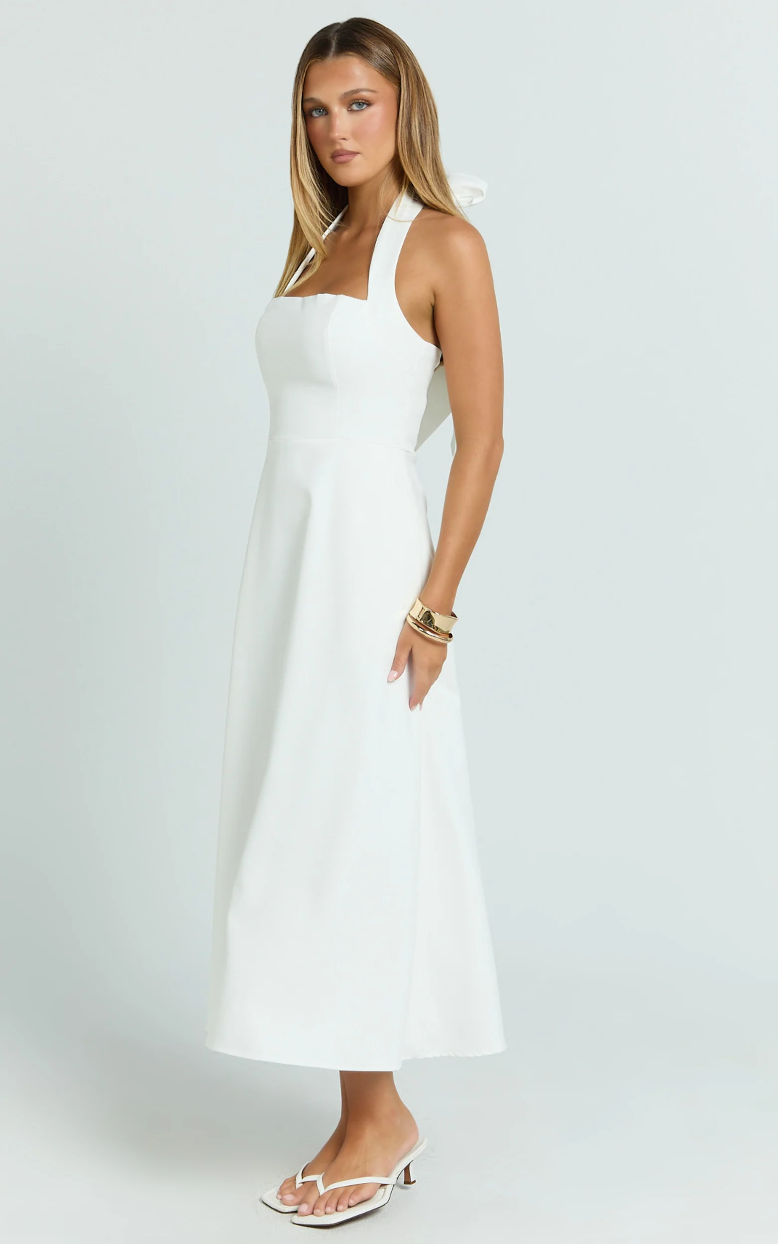 Karissa Midi Dress - Halter Neck Fitted Bodice Midi Soft A Line Skirt Dress in White