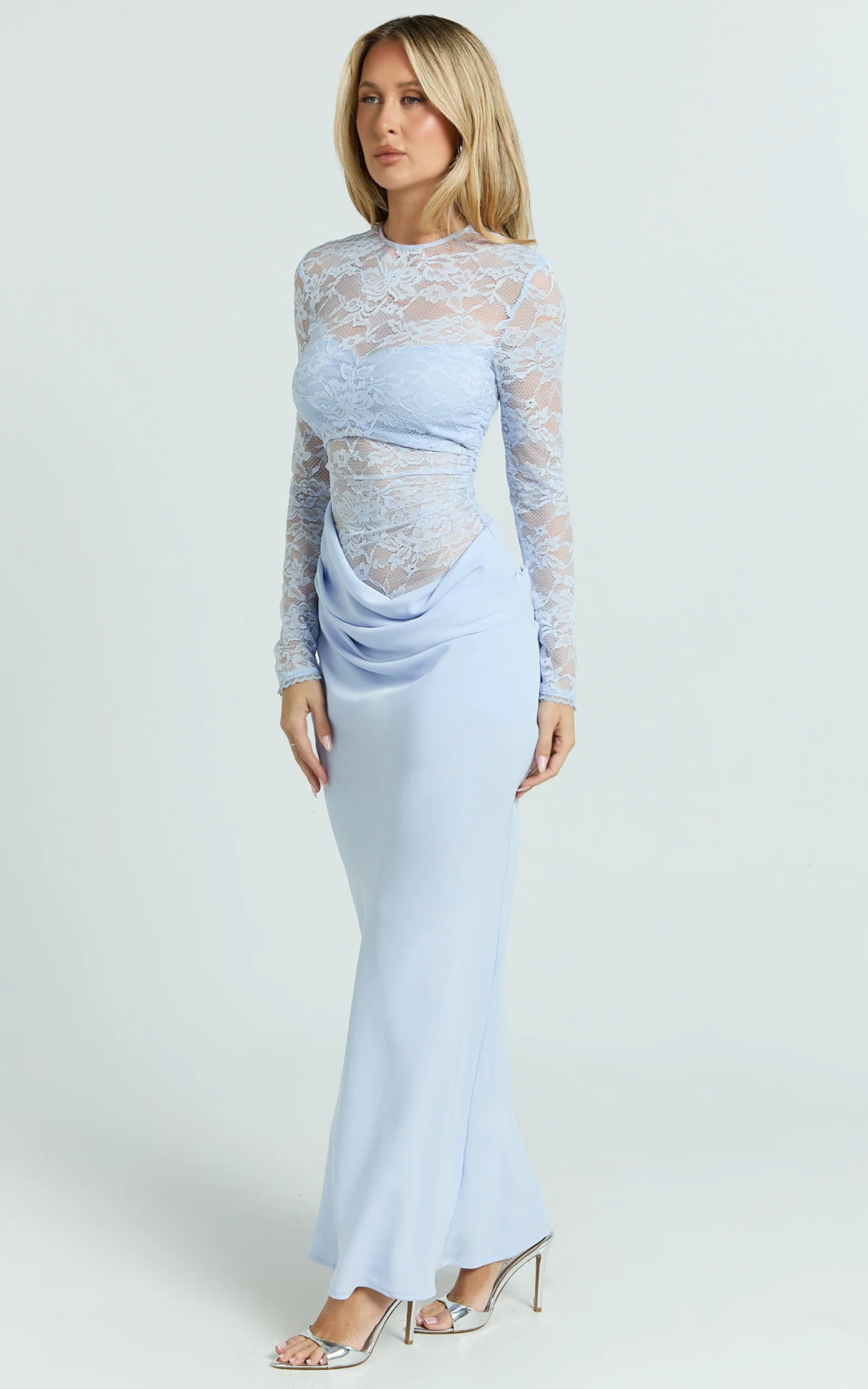 Crisanta Maxi Dress - Long Sleeve Contrast Lace Bodycon Dress in Pale Blue